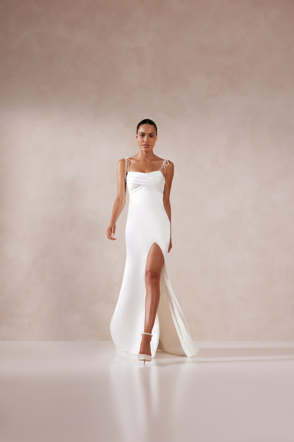 Lucienne: Charmeuse Fit and Flare Gown with Draped Neckline and