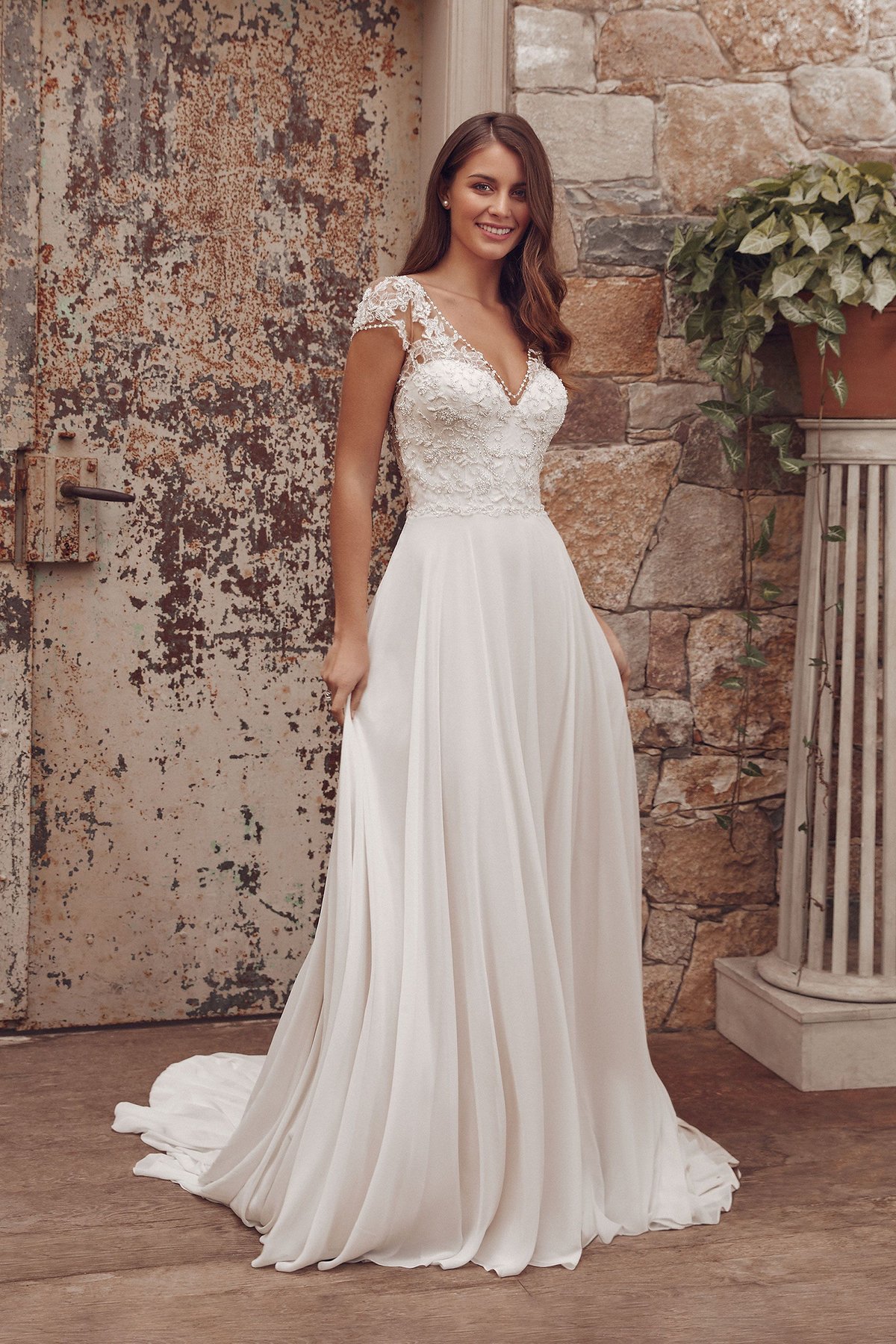 Ada: A-Line Dress with Beaded Trim Neckline and Chiffon Skirt