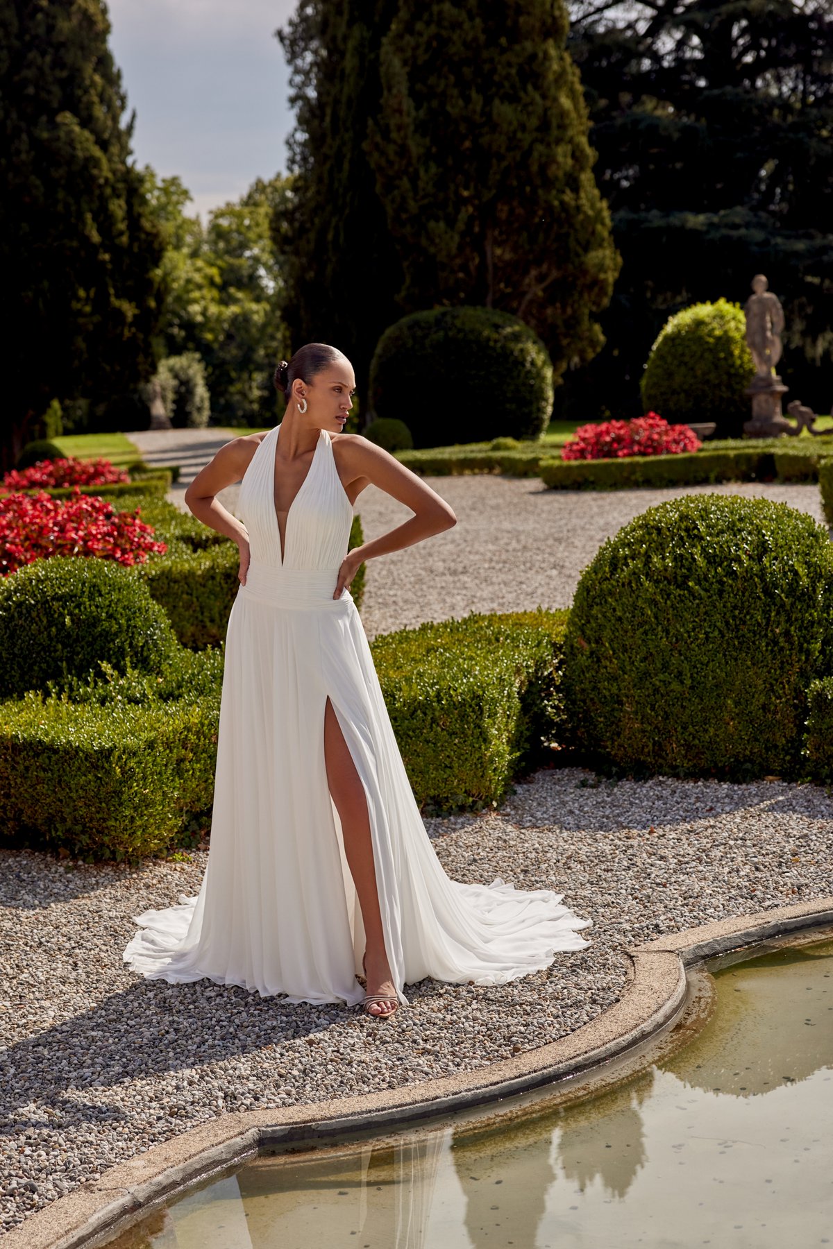 Karter: Chiffon A-Line Gown with Plunging Halter Neckline and