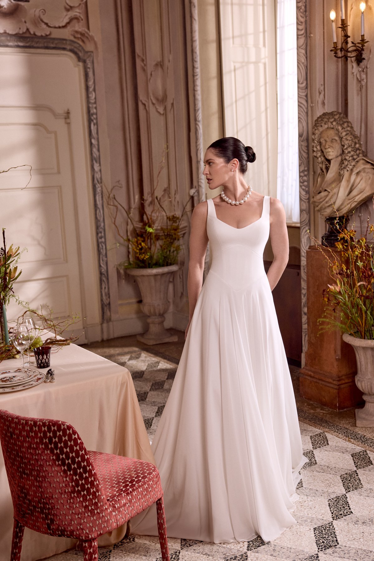 Lupita: Chiffon A-Line Gown with Crepe Bodice and Basque Waist