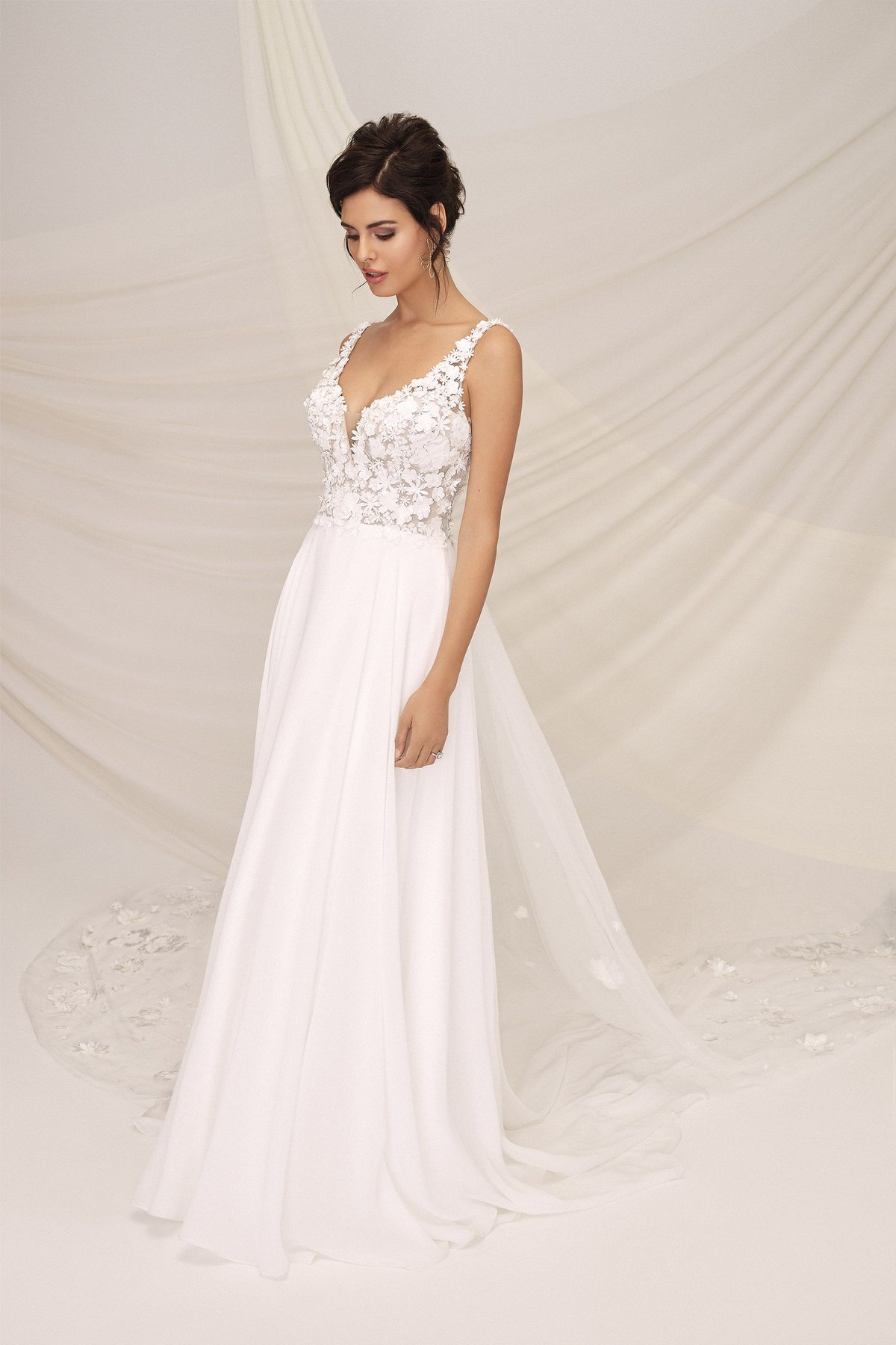 CALDERA: Chiffon A-Line Gown with 3D Floral Appliqués and