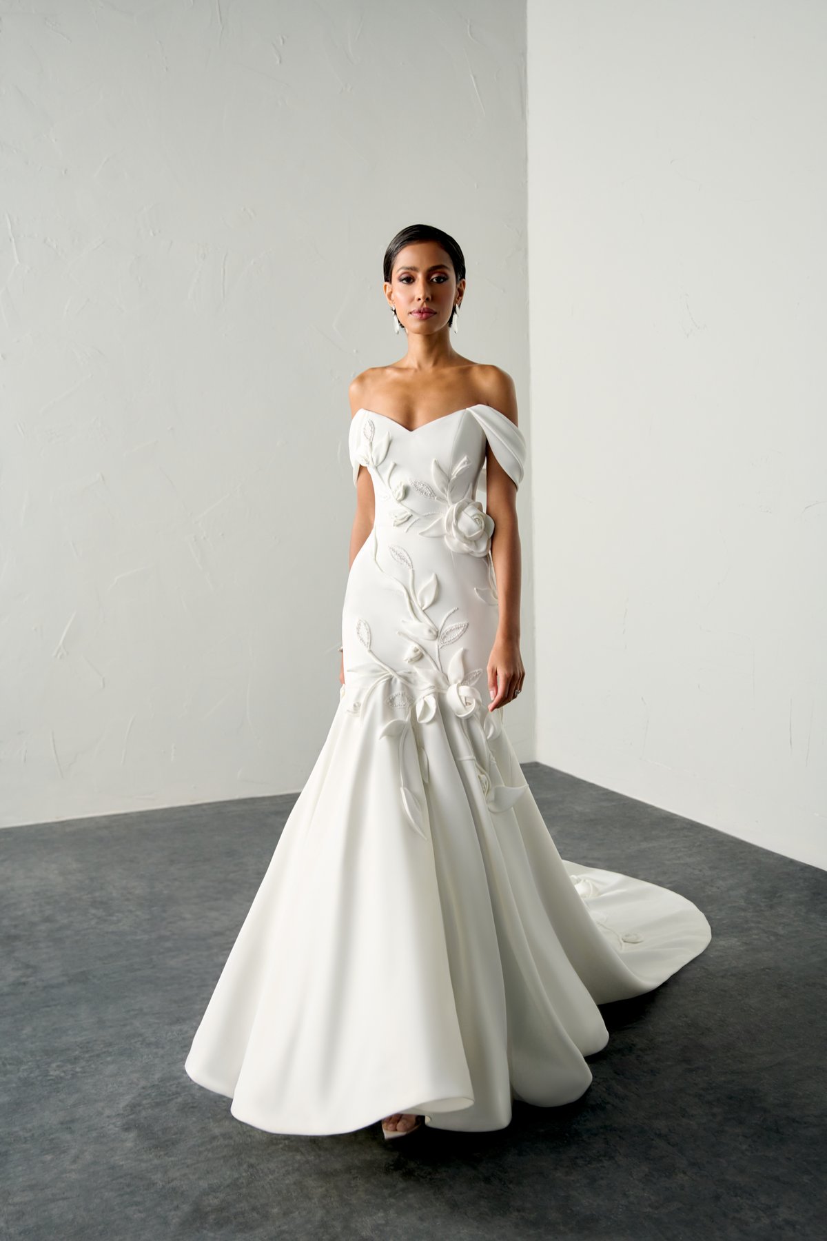 Tilerina: Satin Sweetheart Off-the-Shoulder Trumpet Gown with 3D