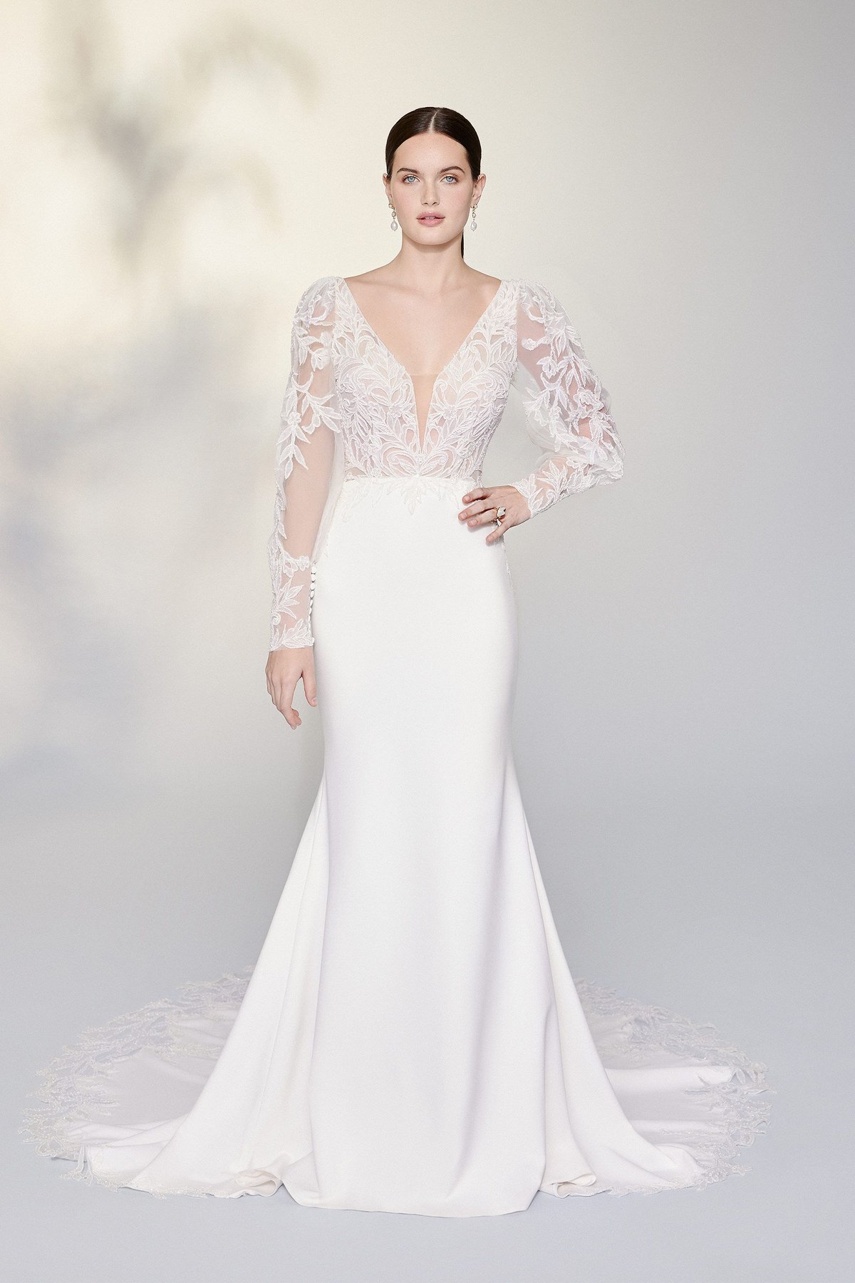 GALINA: Hand Beaded Fit and Flare Gown with Bishop Sleeves