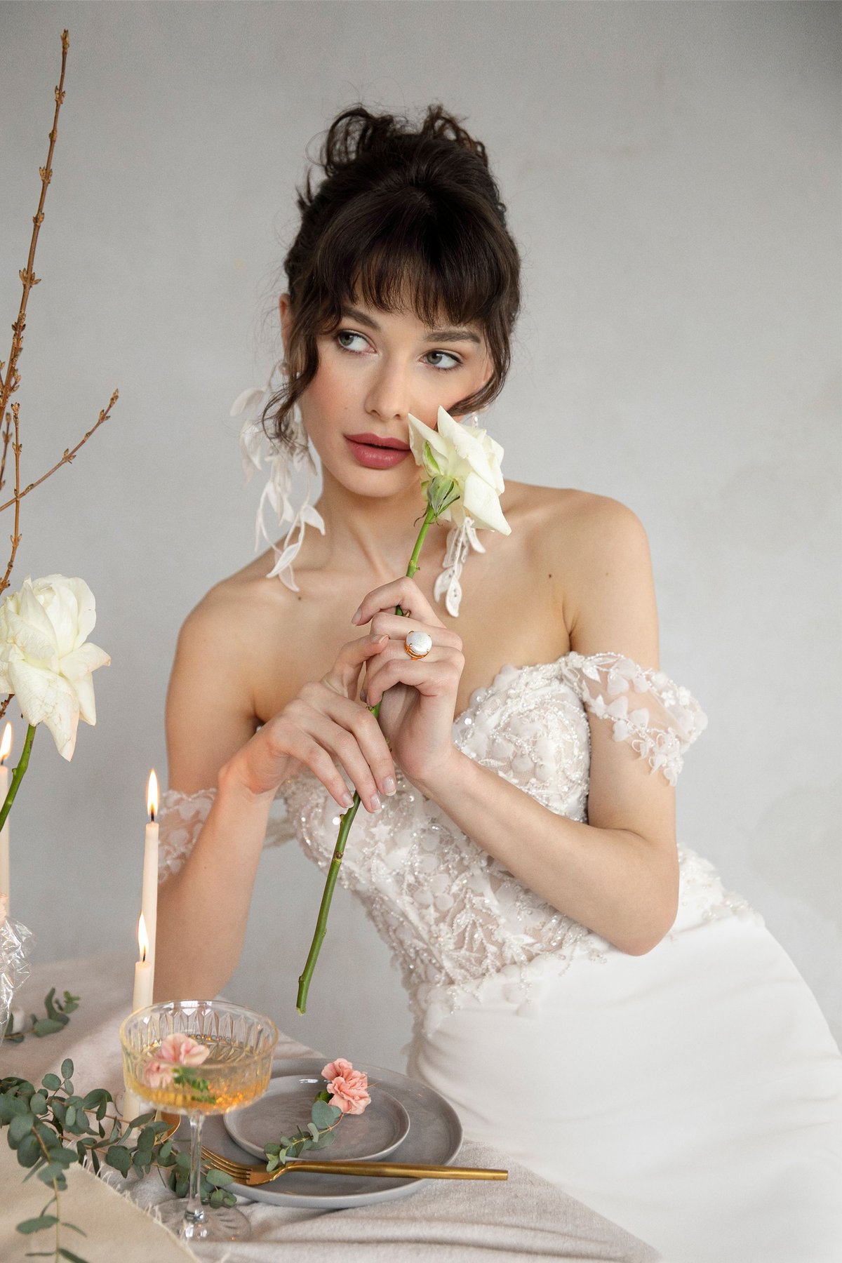 JAMIE: Beaded Crepe Fit and Flare Wedding Gown with Detachable