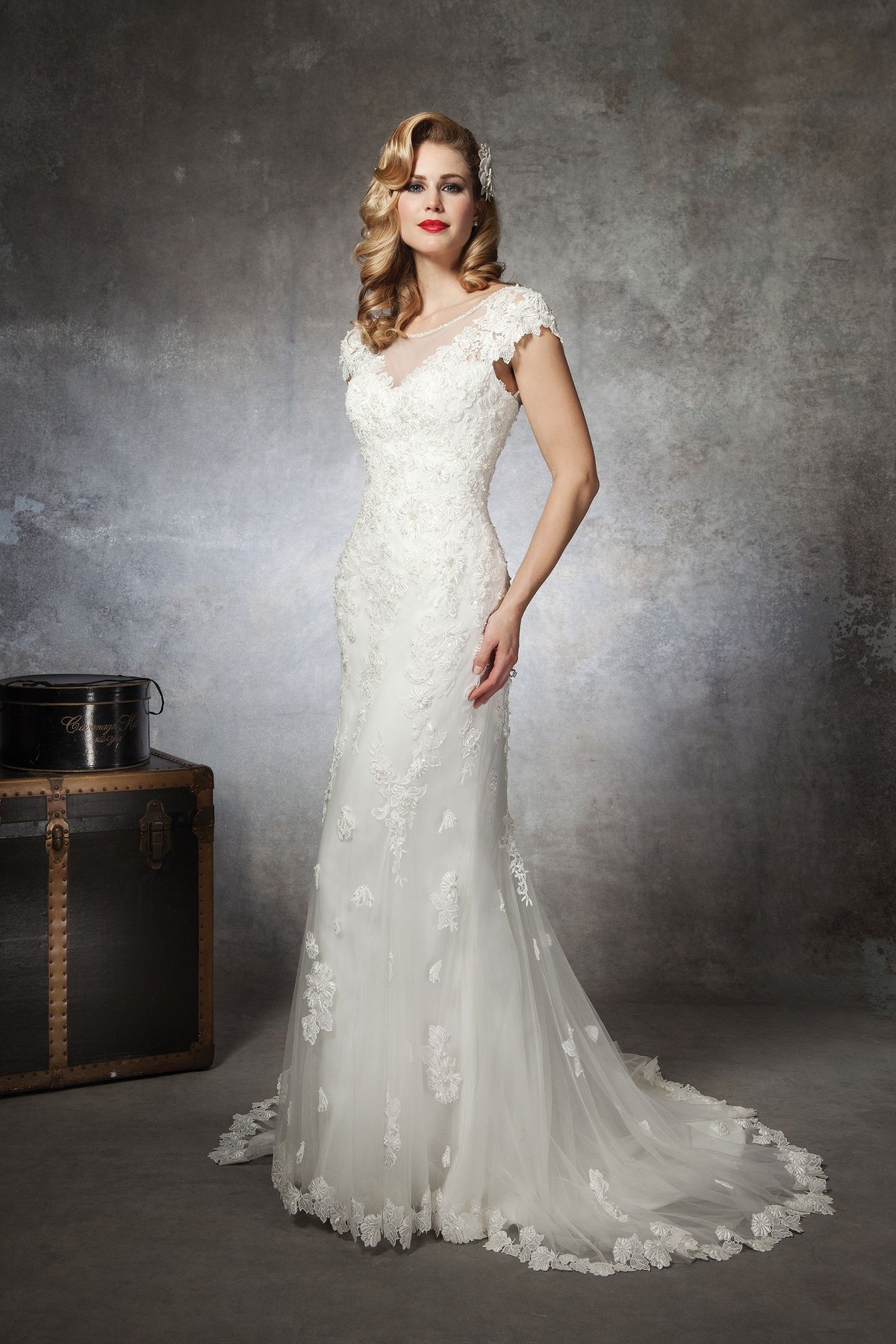 8658: Lace A-line dress complemented with a Sabrina neckline