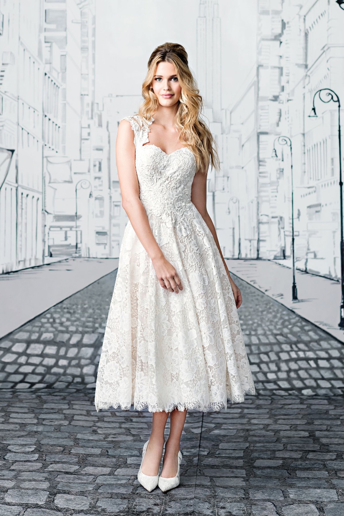 8904: Lace Tea Length Ball Gown with Open Keyhole Back | Justin