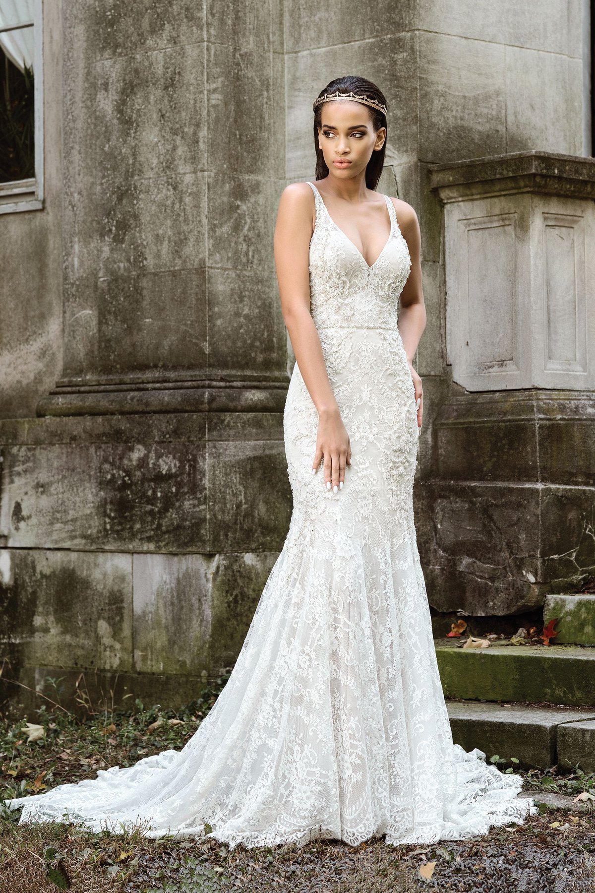 9872: Stretch Fit and Flare Gown with Sheer V-Neck and V-Back