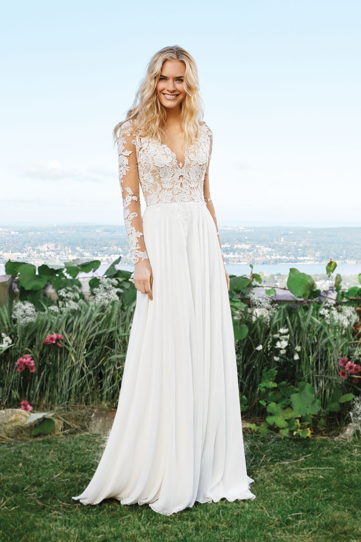 6422: Chiffon A-Line Gown with Lace Bodice and Sleeves | Lillian West