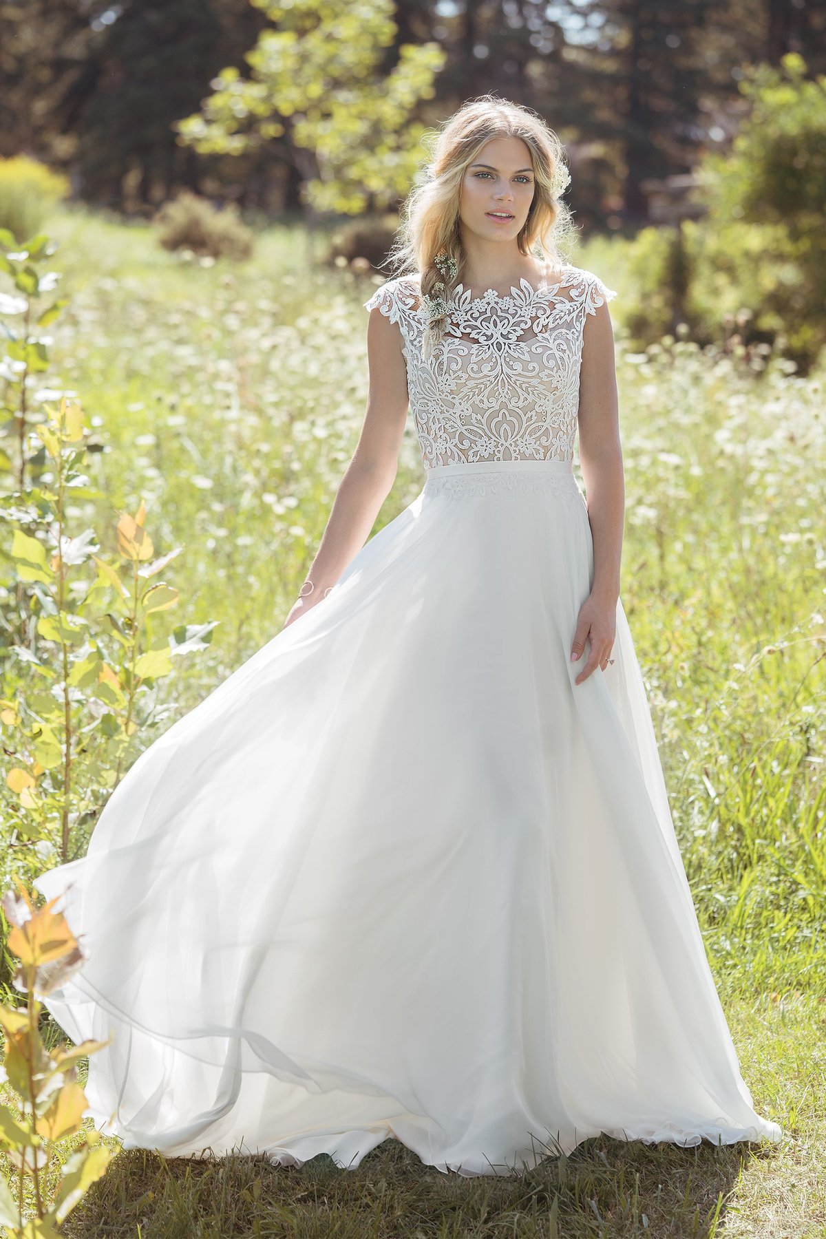 6493: A-Line Gown with Sabrina Neckline and Airy Chiffon Skirt
