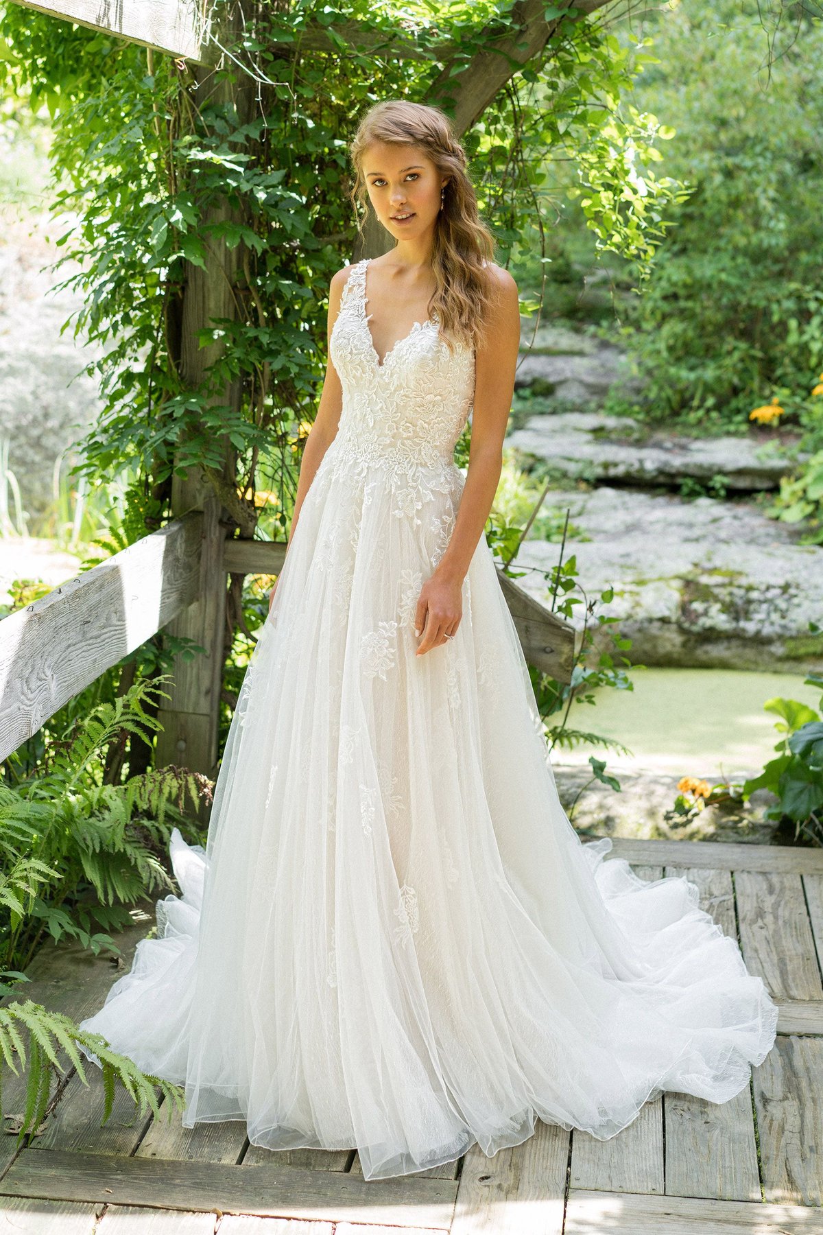 66025: Lace V-Neck A-Line Gown with Straps and Low V-Back