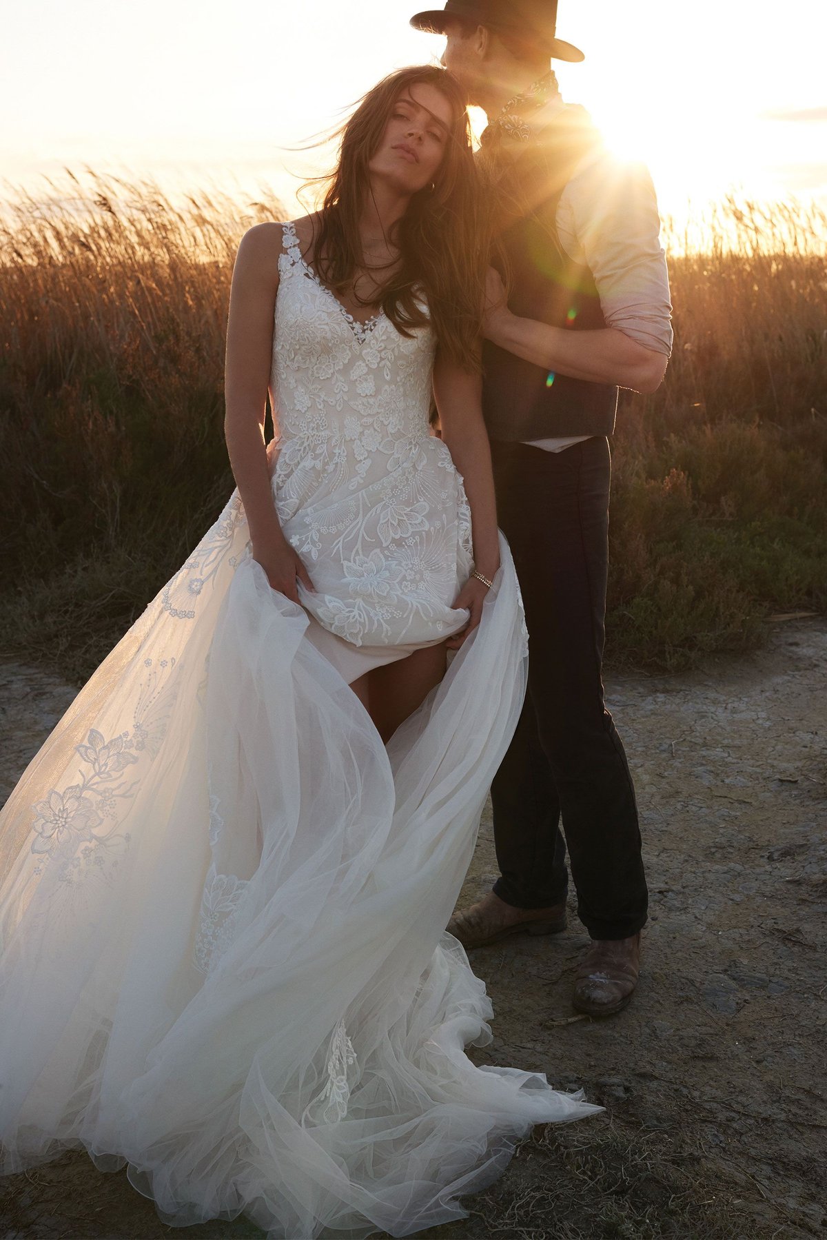 66142: Natural Waist A-Line Gown with Large Lace Appliqués