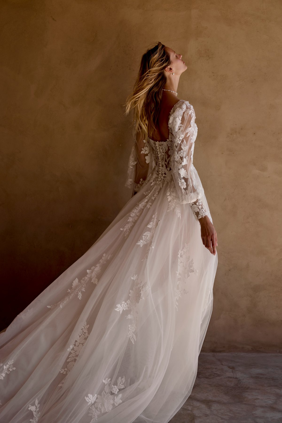 66455SL: Tulle Bishop Sleeves with Floral Matte Lace Appliqués