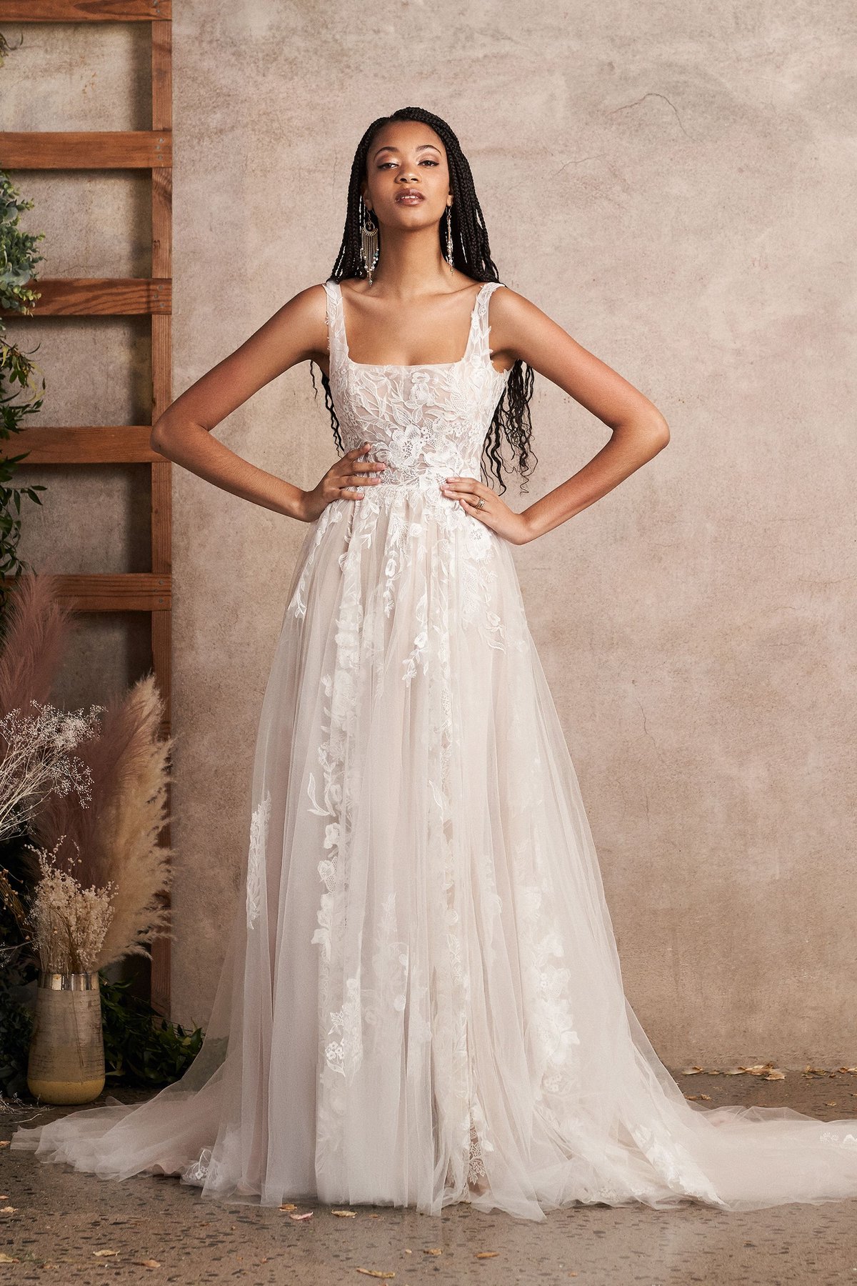 66225: Square Neck Tulle A-Line Gown with Sequined Appliqués