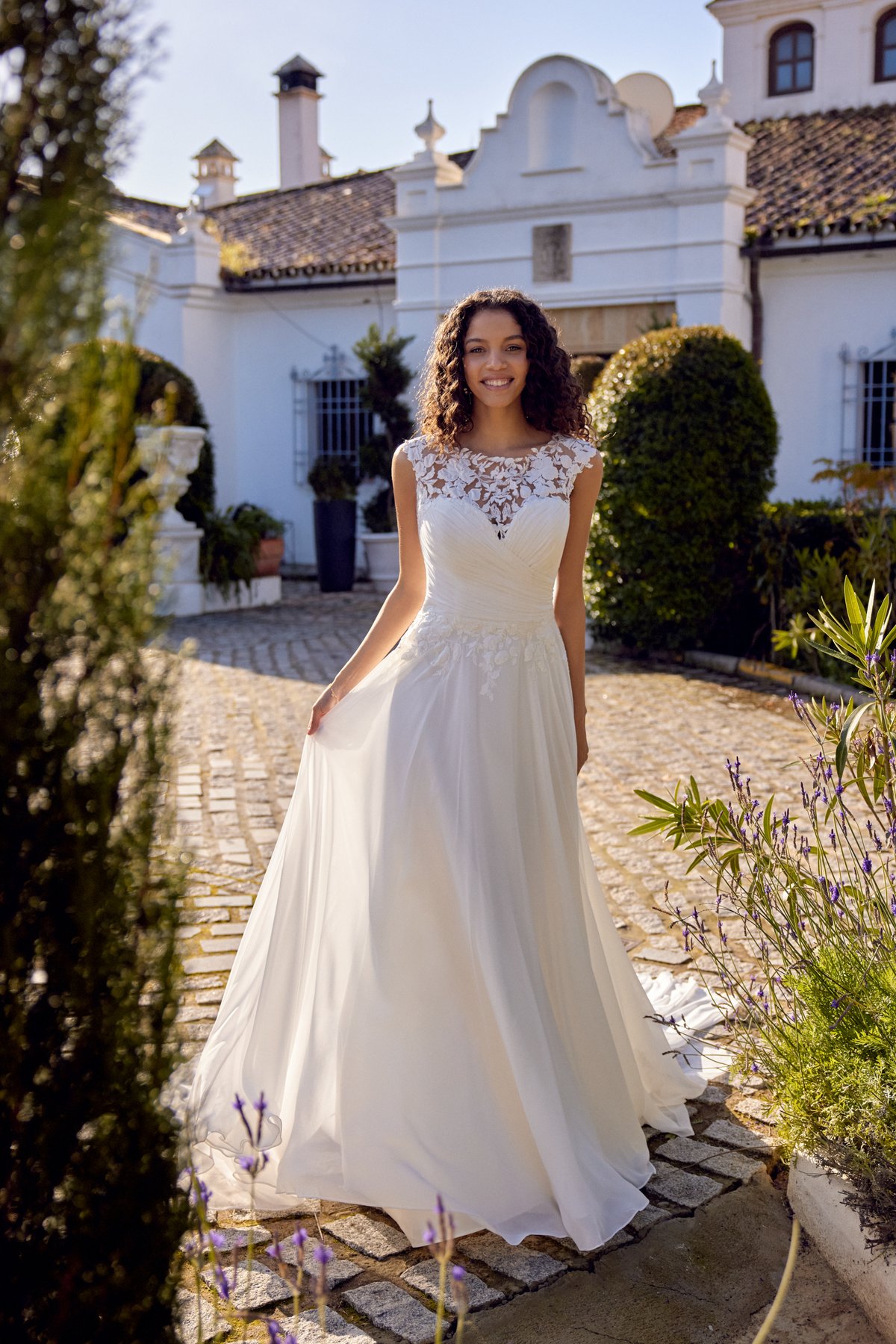 66415: Chiffon A-Line Gown with Illusion Sabrina Sweetheart