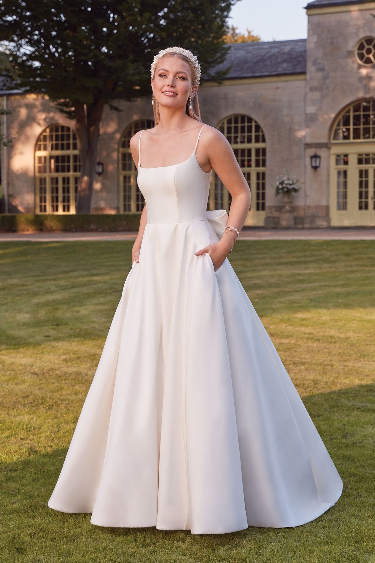 44332: Square Neck Mikado A-Line Bridal Gown with Bow Detail