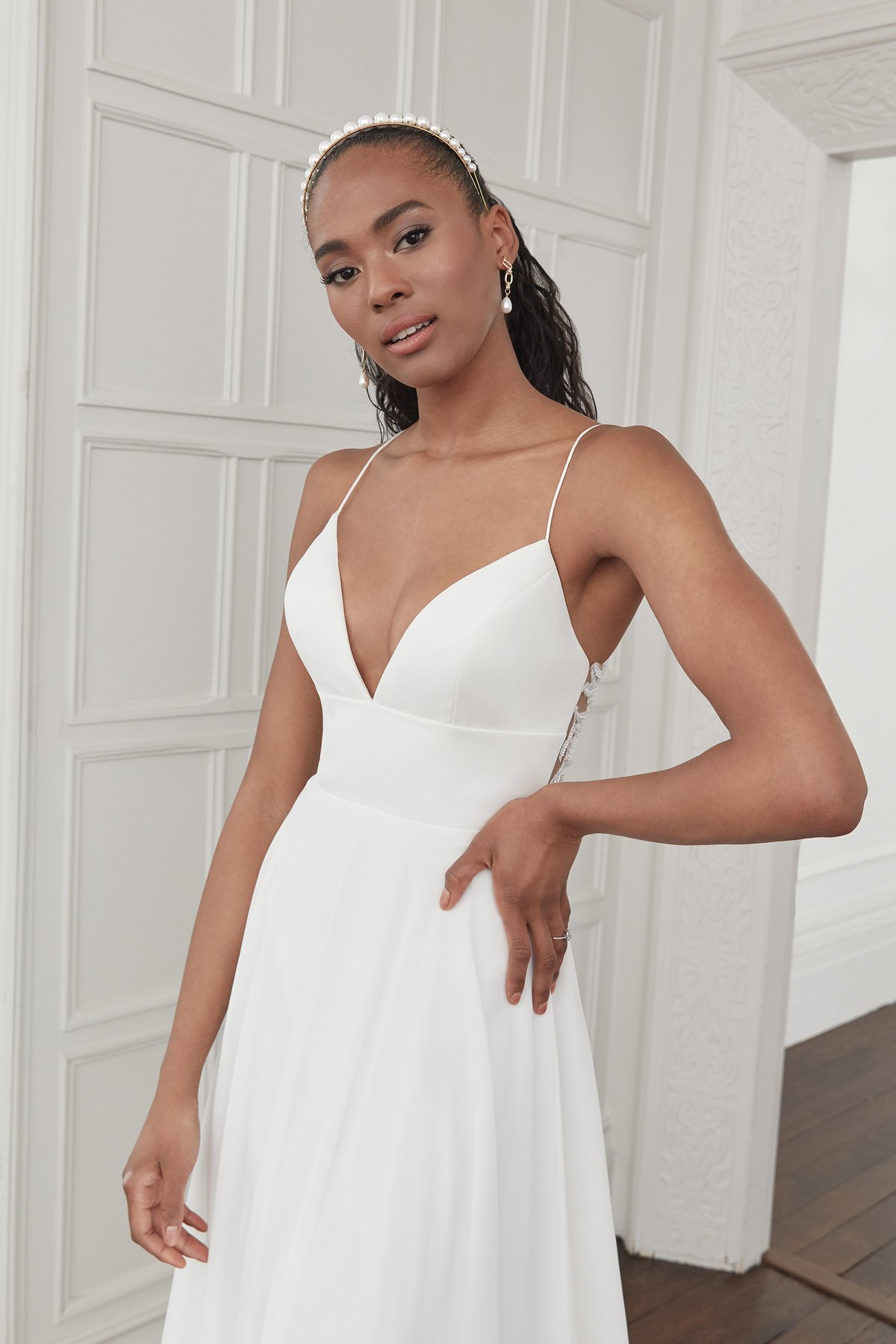 44356: Chiffon A-Line Gown with Bikini Neckline and Beaded Back