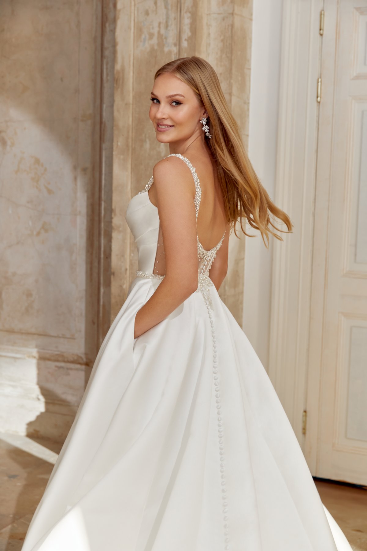 44549: A-Line Mikado Gown with Sweetheart Beaded Neckline and