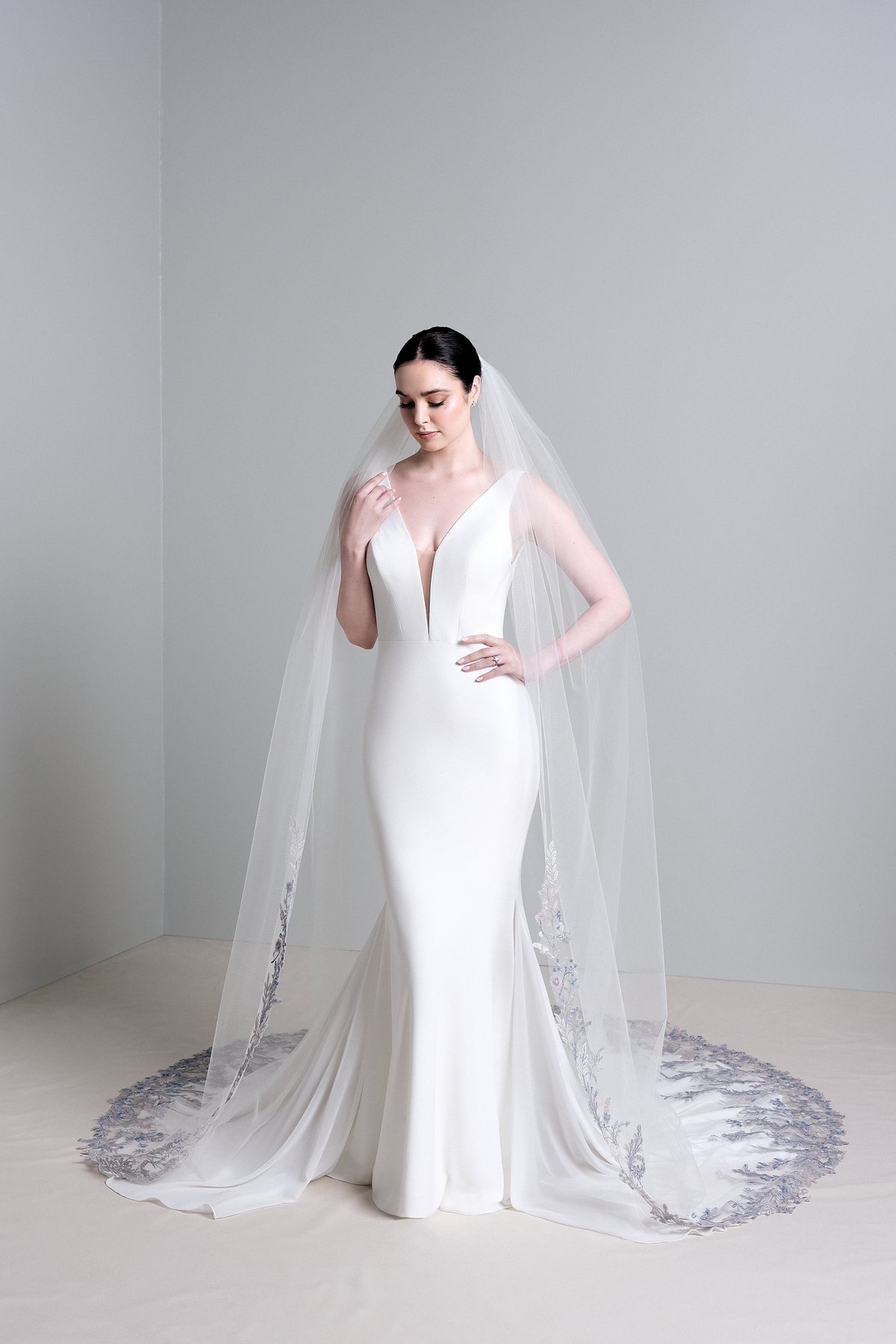 TG1074L120: Cathedral Length Veil with Colorful Lace Embroidery