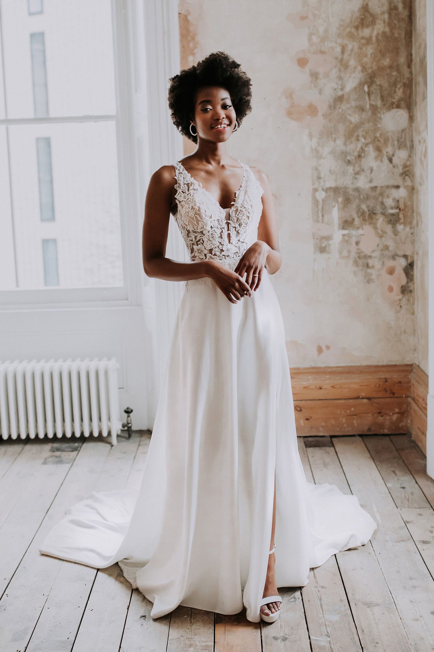 Burleigh: Plunging V-Neck Charmeuse A-Line Gown with Slit