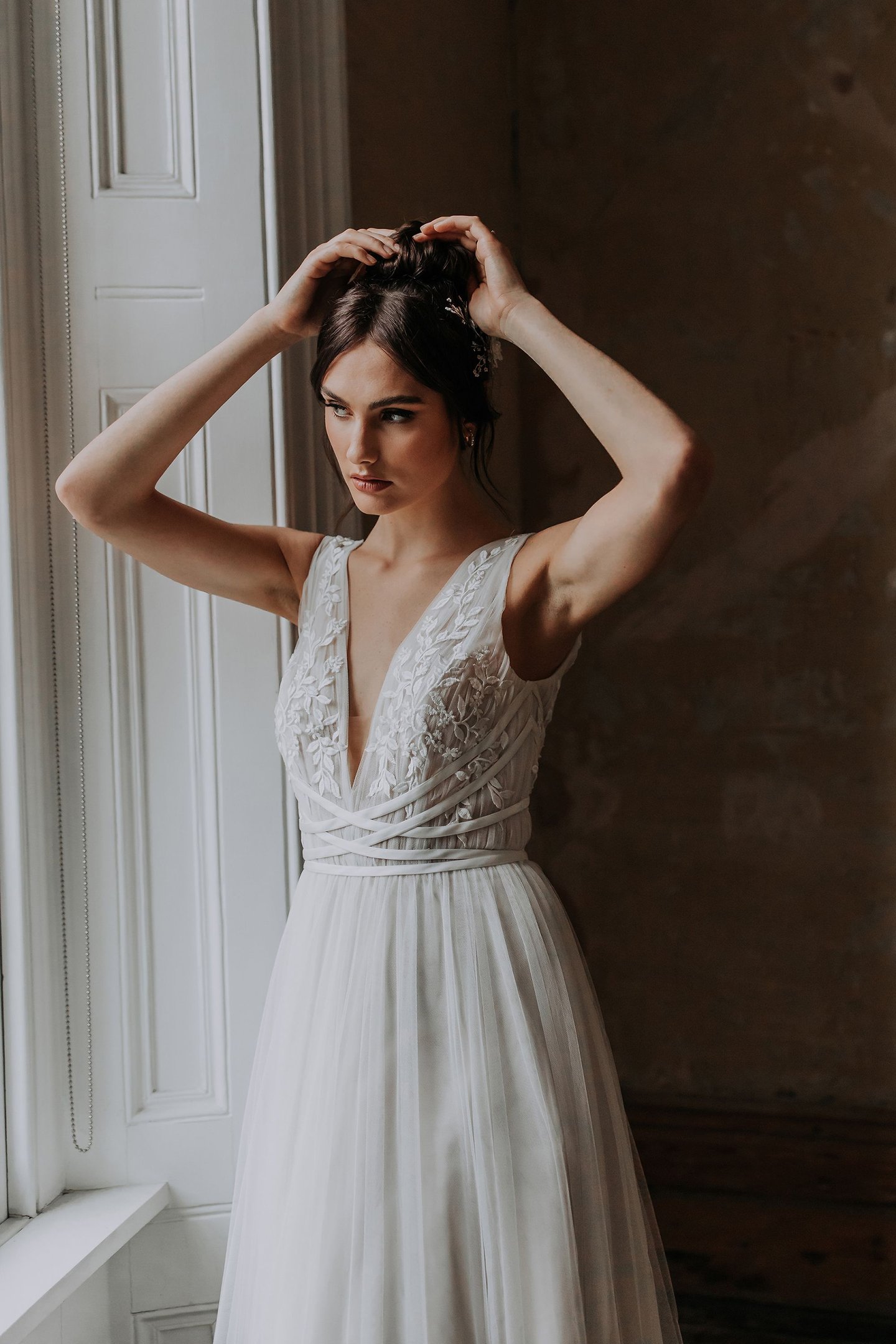 Adore by Justin Alexander Style 11217 Jolinn English Net A-Line Gown with Criss-Crossed Bands
