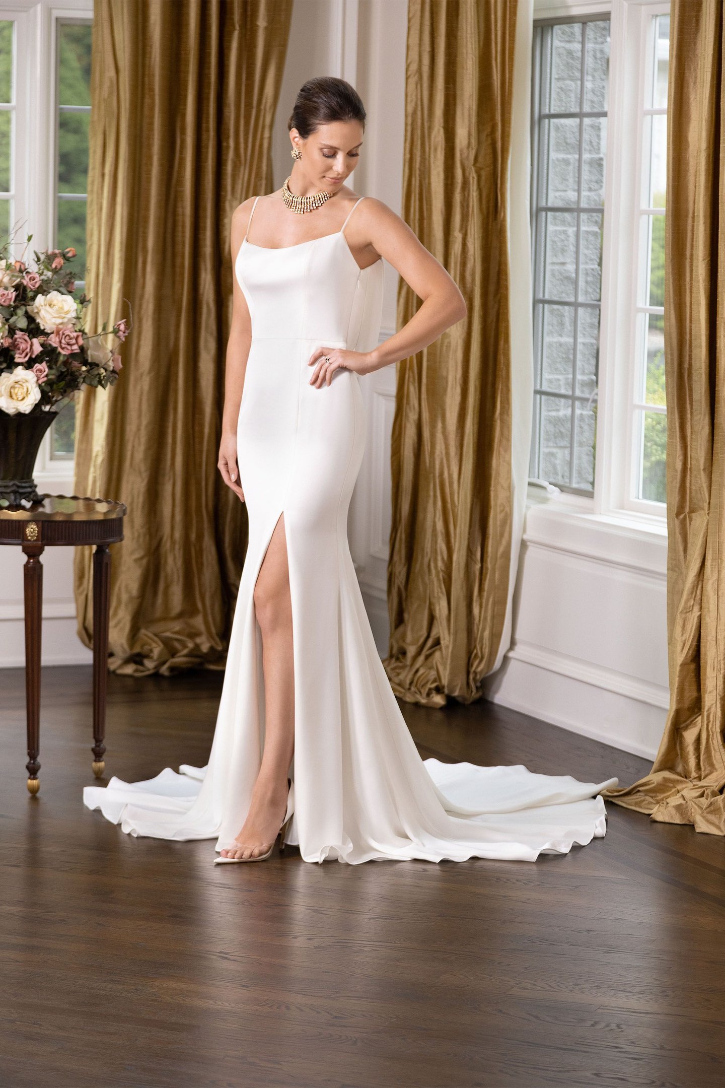 Justin Alexander Style 88264 Elliot Charmeuse Fit and Flare Gown with Scoop Neckline and Cowl Back