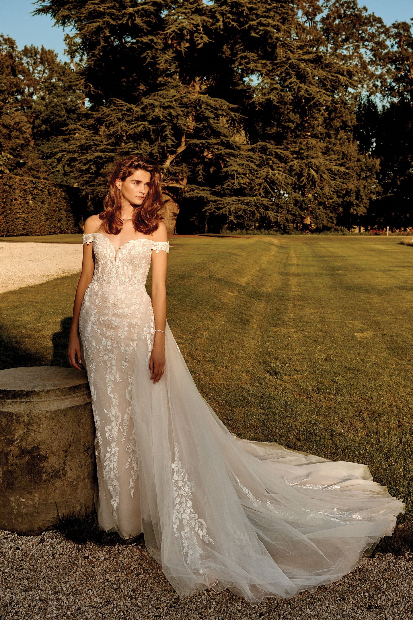 Justin Alexander Style 88245 Deidra Off-the-Shoulder Dress with Sequin Tulle and Leafy Appliqués