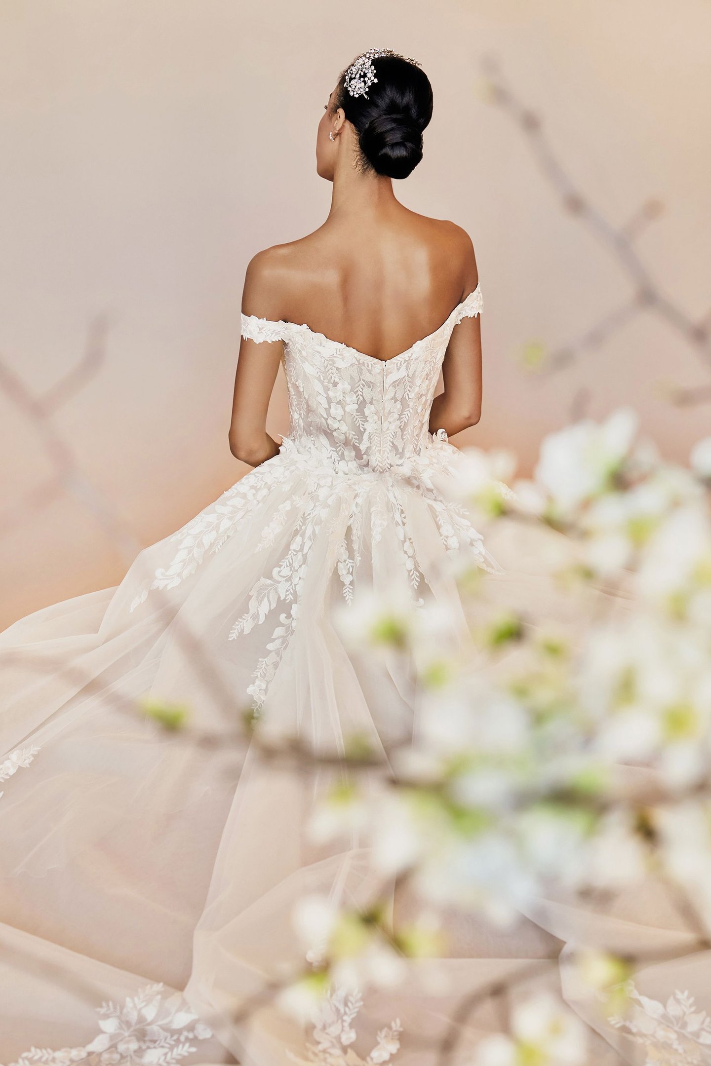 Justin Alexander Style 88245 Deidra Off-the-Shoulder Dress with Sequin Tulle and Leafy Appliqués