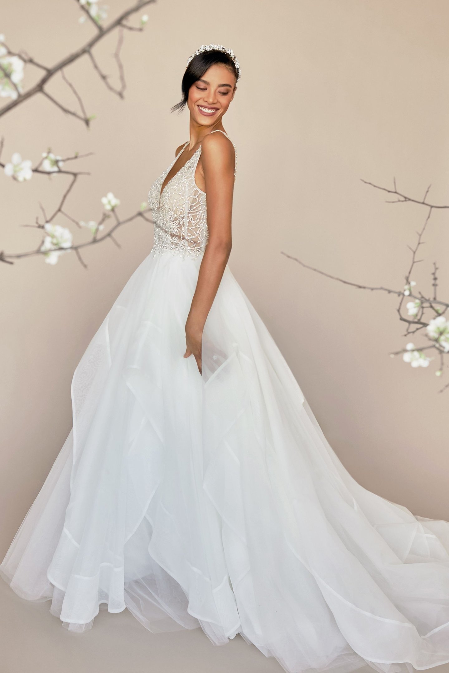 Justin Alexander Style 88253 Dallas Beaded Illusion Bodice Ball Gown with Organza Ruffle Skirt