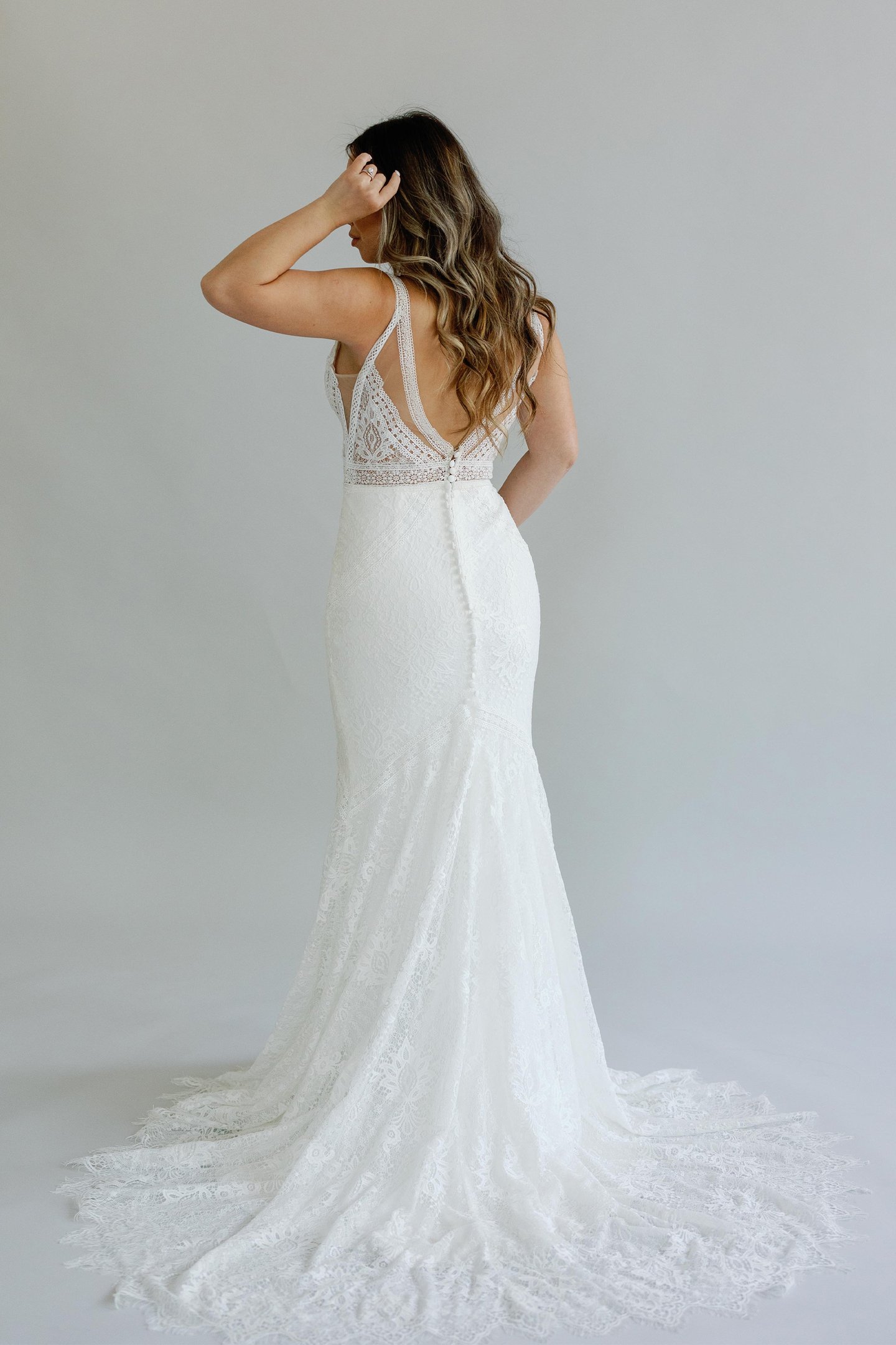 Lillian West Style 66136 Allover Lace Gown with Trim Detail and Shaped Train