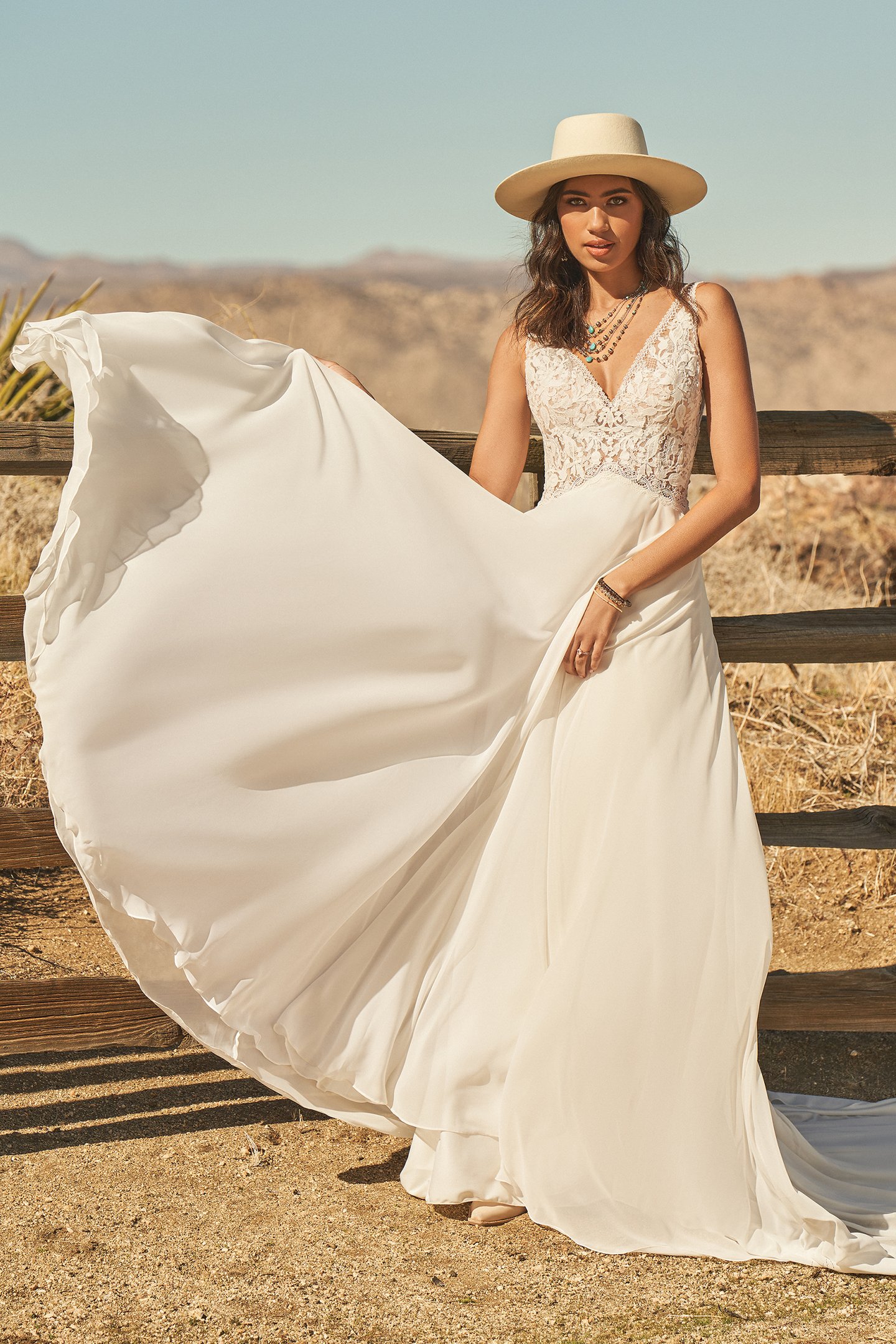 Lillian West Style 66254 Lace and Chiffon A-Line Dress with Inverted Basque Waist