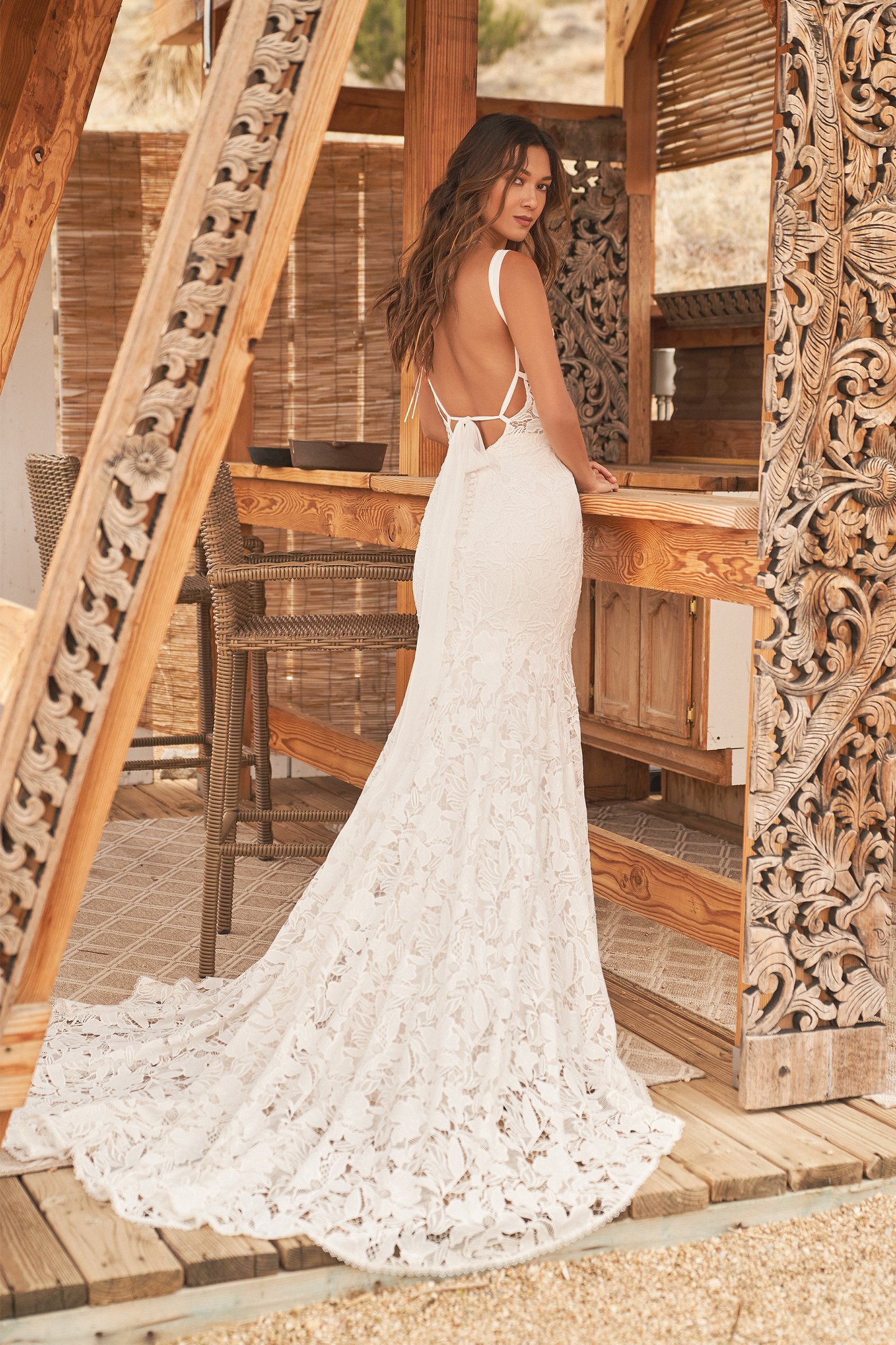 Lillian West Style 66256 Scoop Neck Allover Lace Fit and Flare Dress with Chiffon Straps