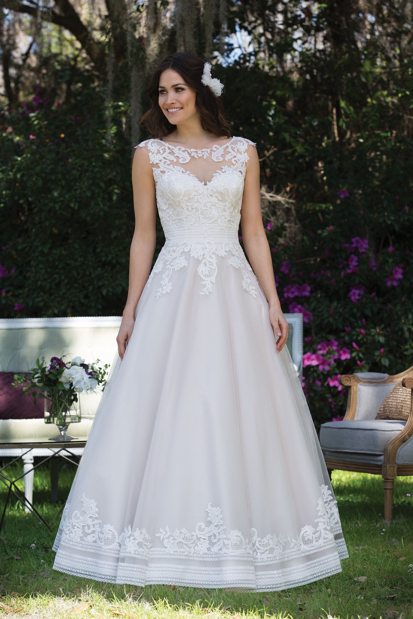 Sincerity Bridal Style 3935F Tulle and Satin Floor Length Ball Gown with Lace Appliqués