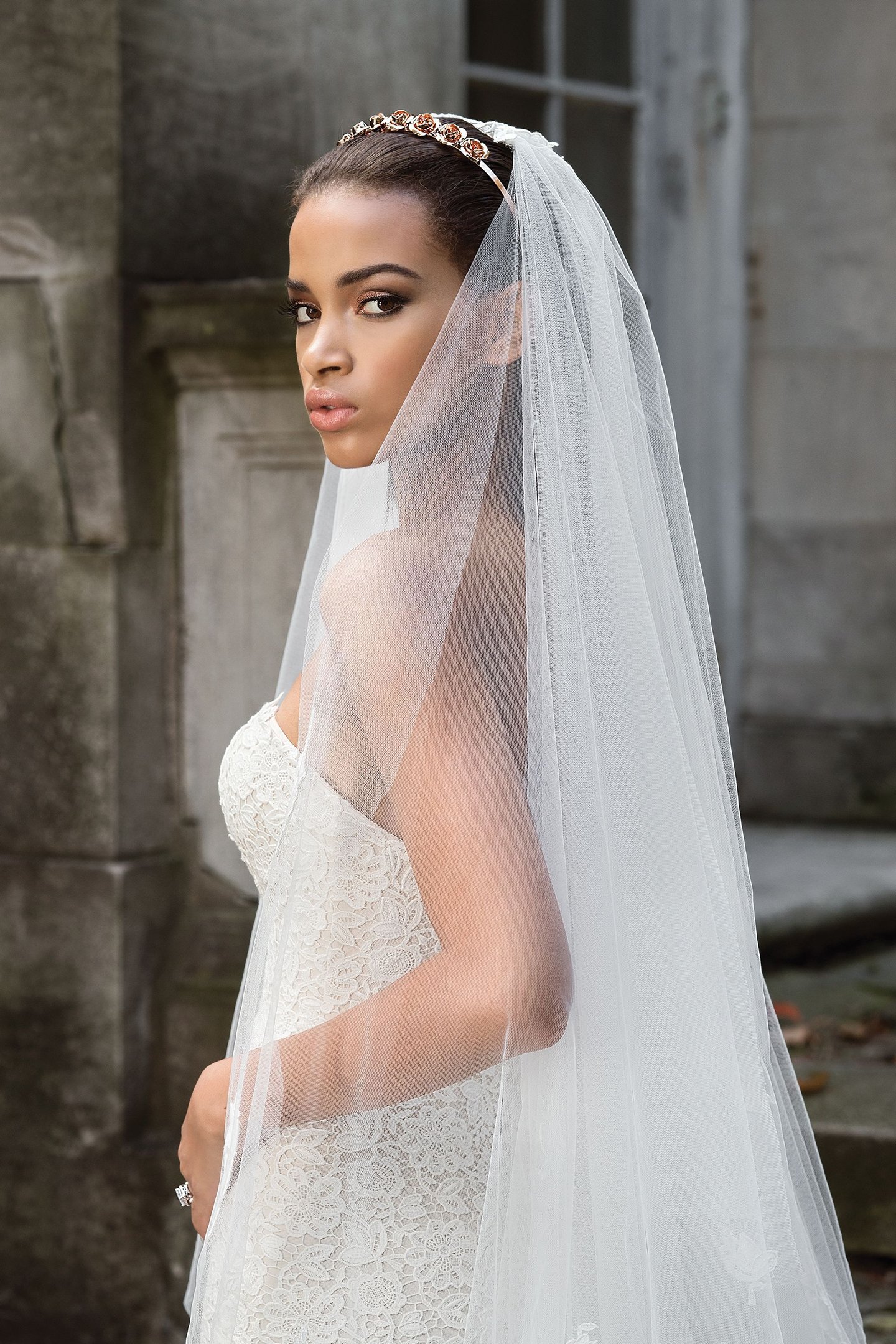 Justin Alexander Signature Style 9867V Double Layer Cathedral Veil with Floral Appliques