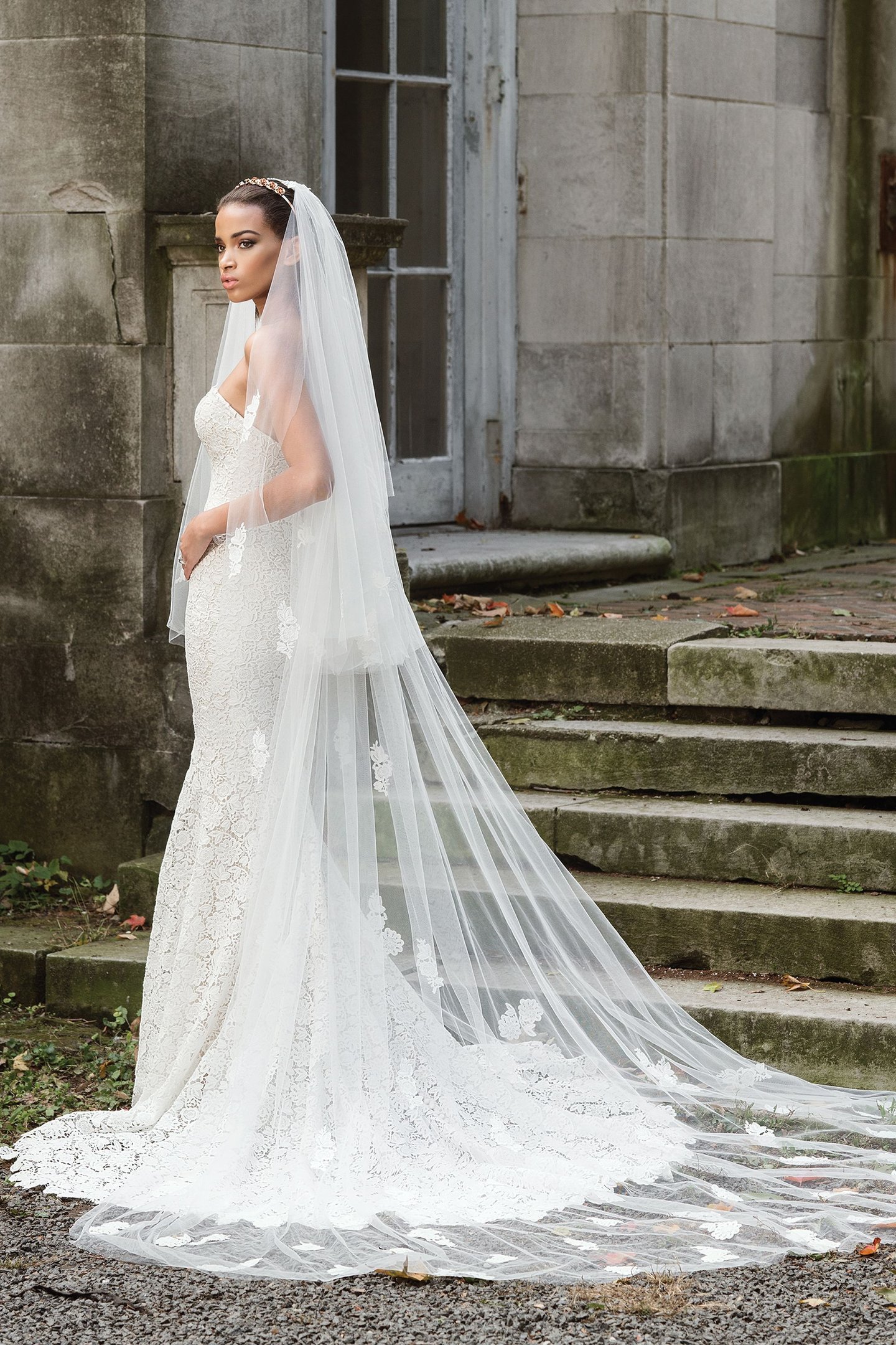 Justin Alexander Signature Style 9867V Double Layer Cathedral Veil with Floral Appliques
