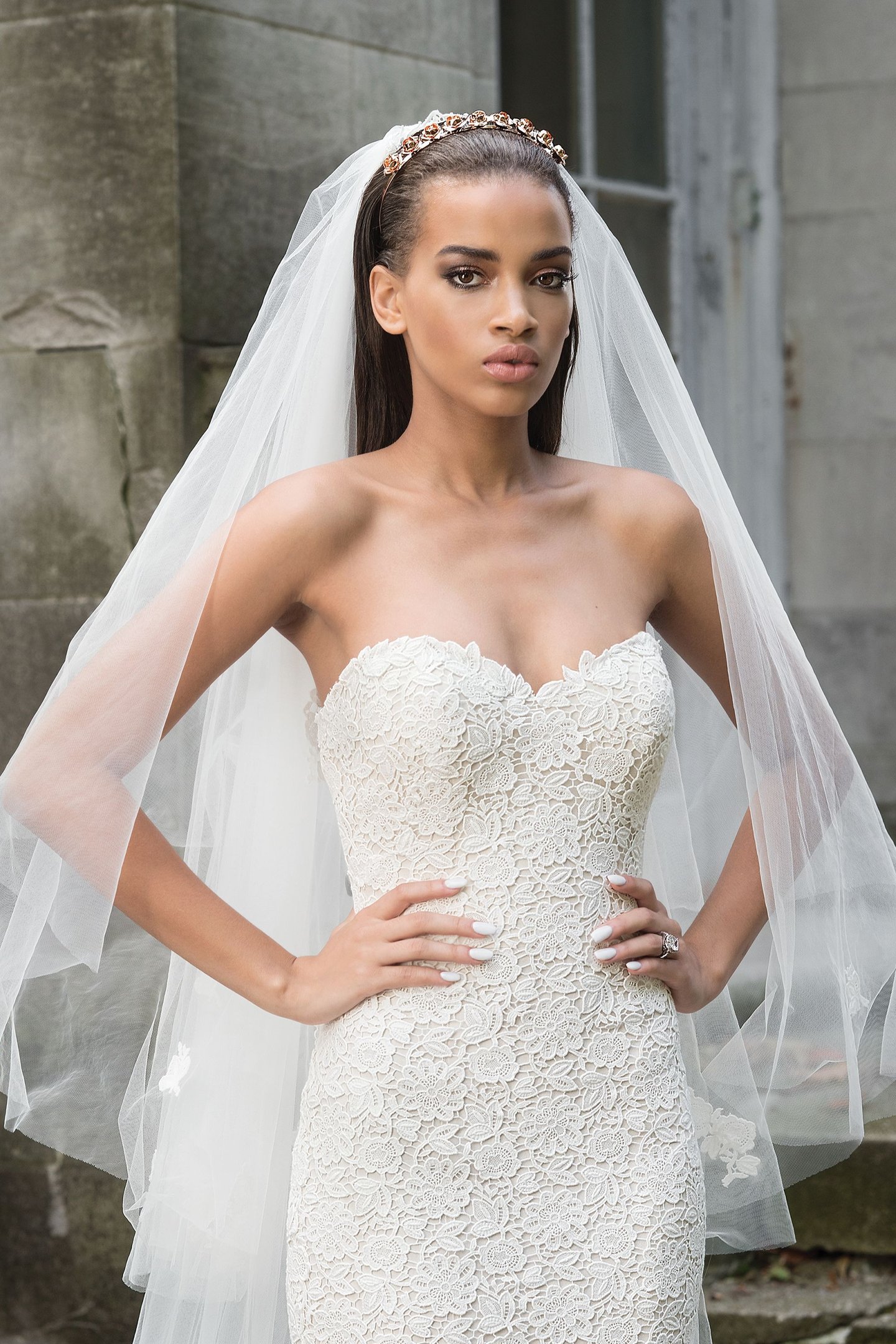Justin Alexander Signature Style 9867V Double Layer Cathedral Veil with Floral Appliques