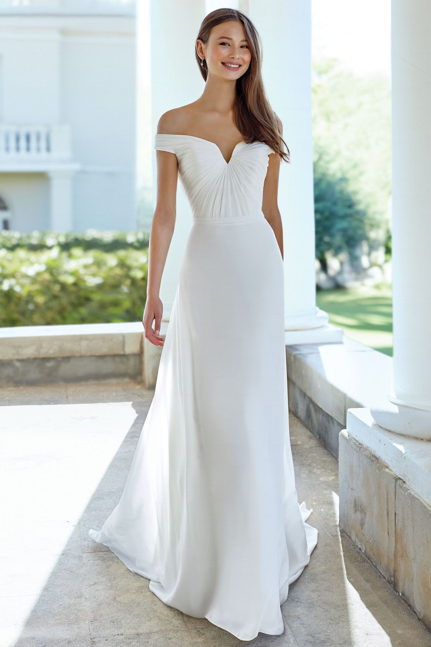 Adore by Justin Alexander Style 11114 Georgette Off the Shoulder Gown with Illusion Notch and Pleating