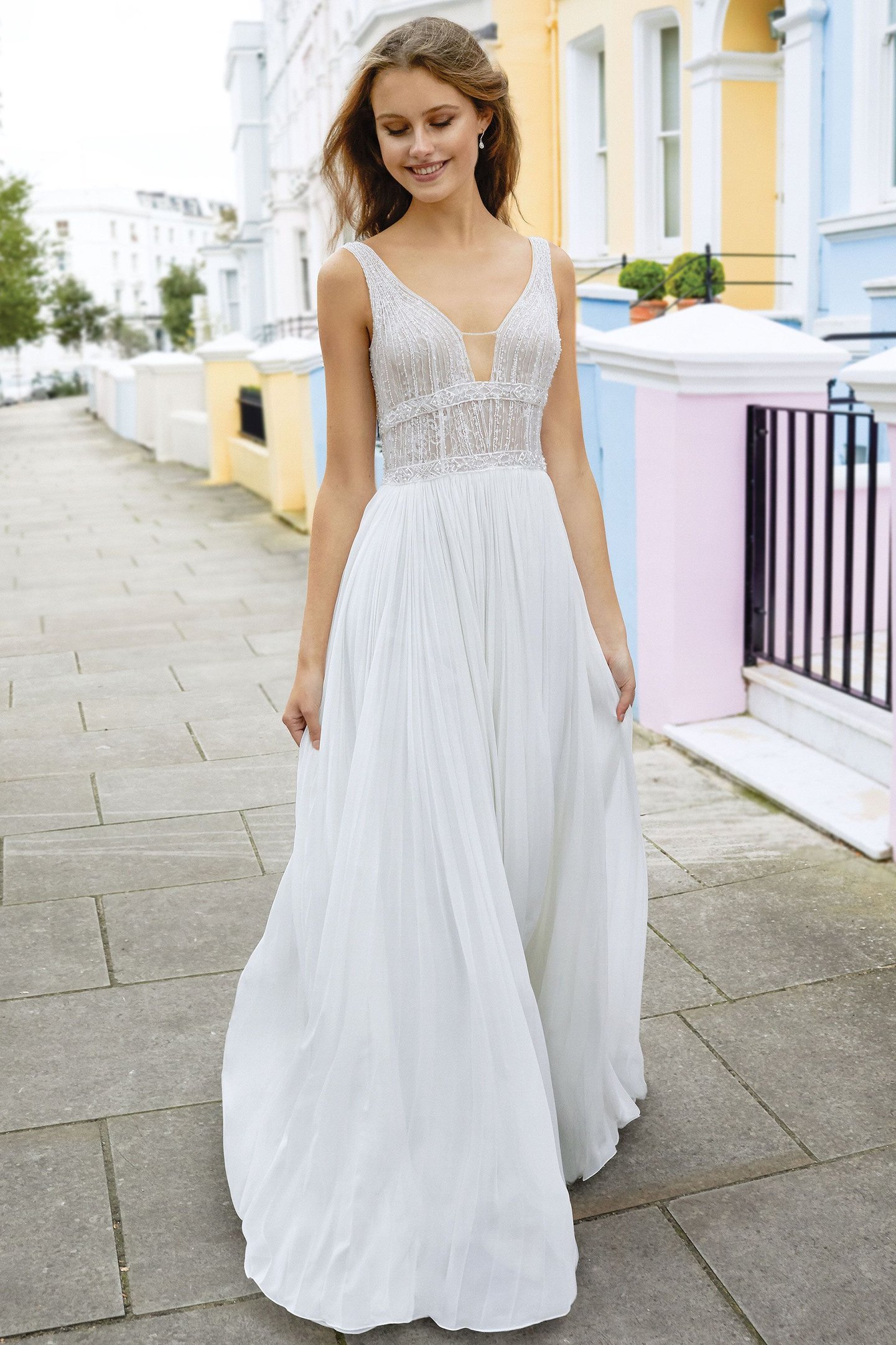 Adore by Justin Alexander Style 11119 A-Line Gown with Pleated Chiffon Skirt and Beaded Lace Bodice