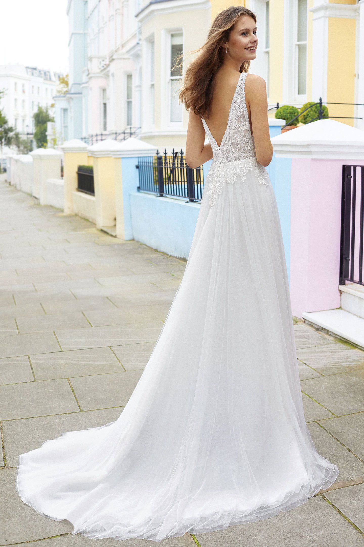 11120: Lace V-Neck A-Line Gown with Low Back and English Net