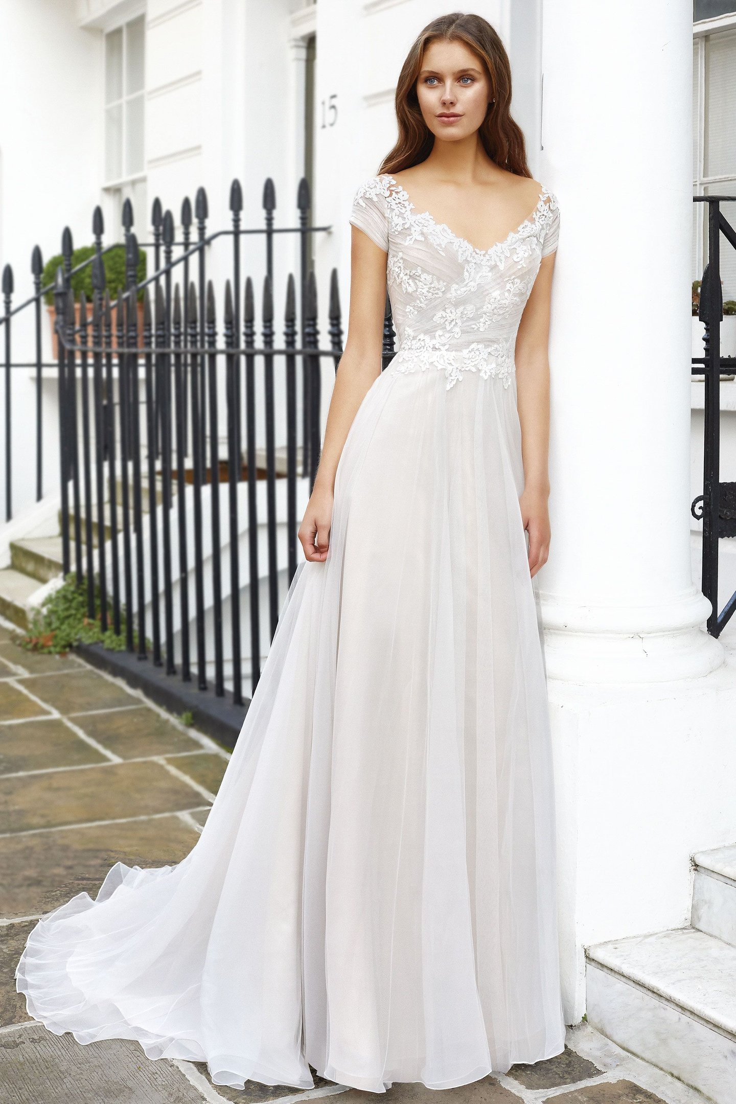Adore by Justin Alexander Style 11127 A-Line Gown with English Net Skirt and Appliqued Pleated Bodice