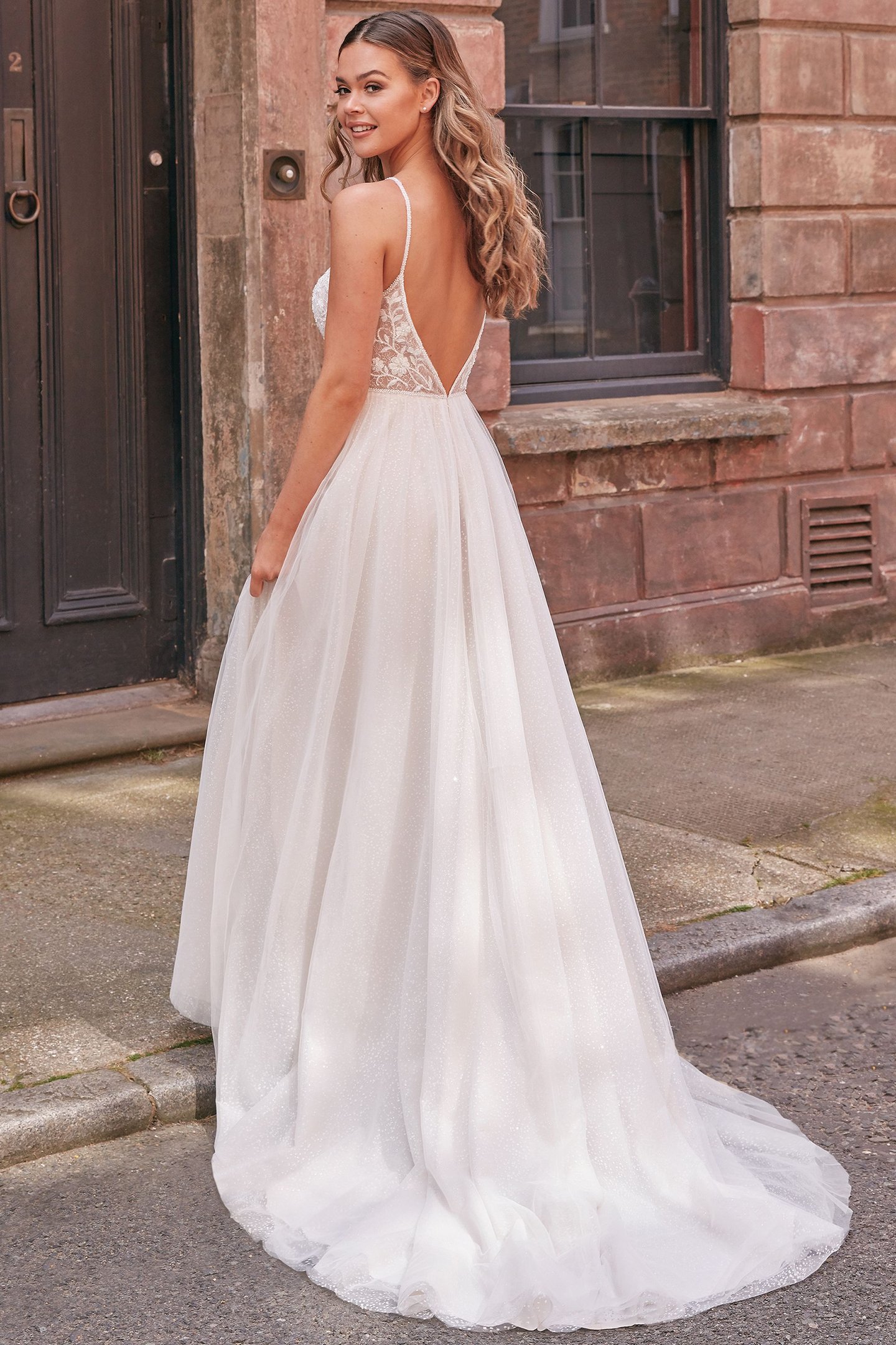 Adore by Justin Alexander Style 11245 Andrea Sparkle Tulle A-Line Dress with Beaded Spaghetti Straps and Slit