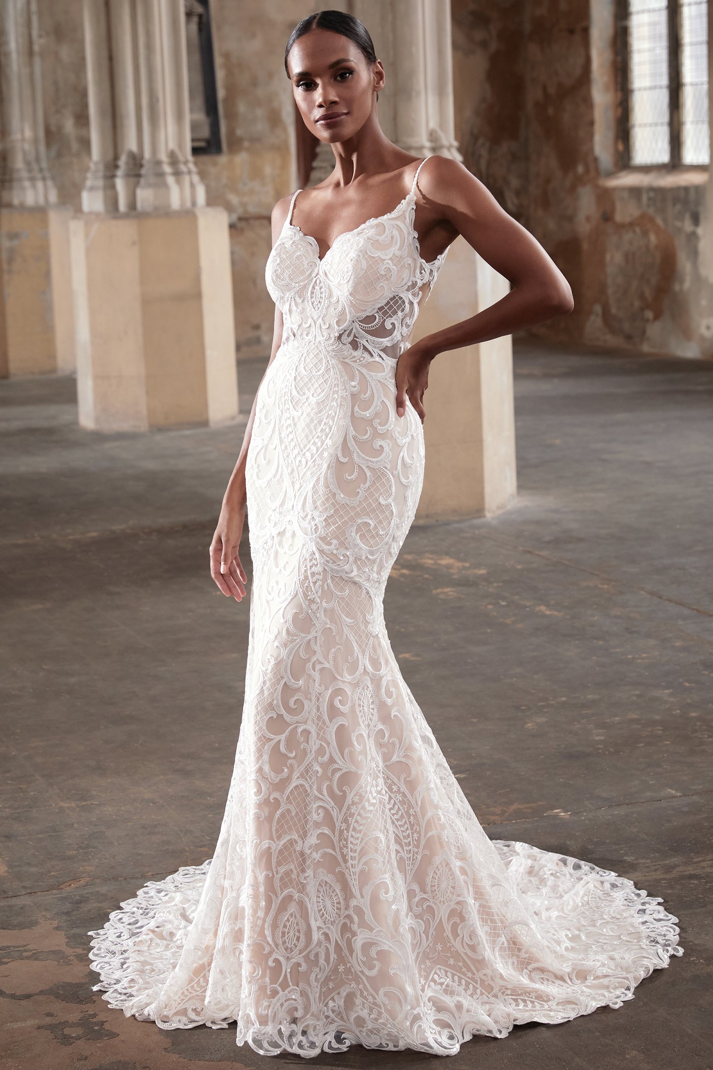 Adore by Justin Alexander 11300 Raven Lace Fit and Flare Wedding Dress with Side Cutouts and V-Back