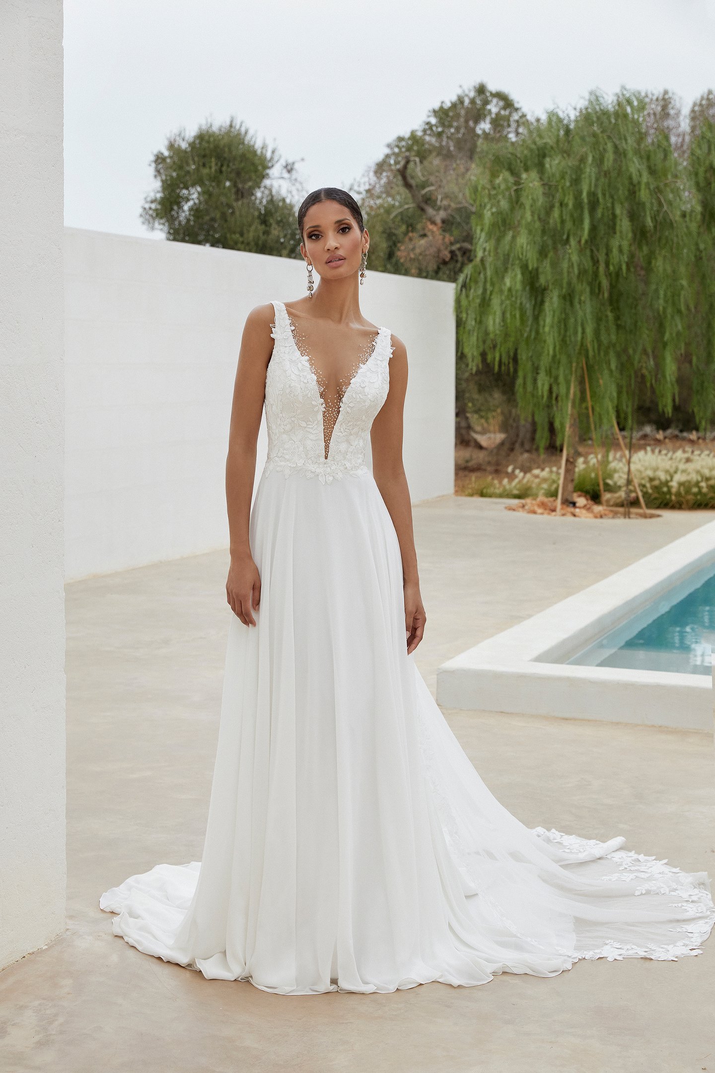 Adore by Justin Alexander Style11355 Annamarie Chiffon A-Line Gown with Hand Beaded Embroidery on the Deep V-Neckline