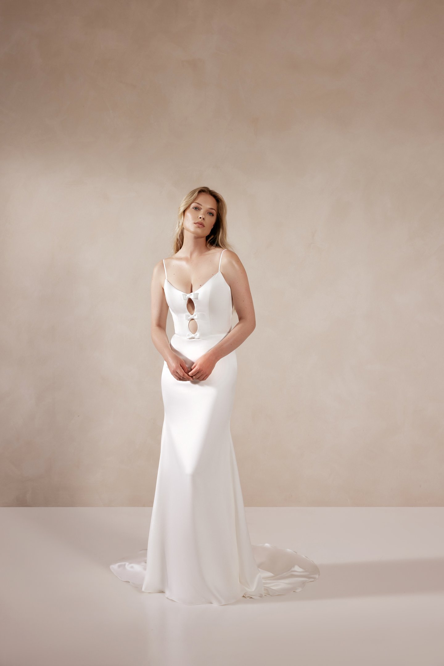 Adore by Justin Alexander Style 11375 Bodhi Charmeuse Fit and Flare Gown with Bikini Neckline and Bow Details