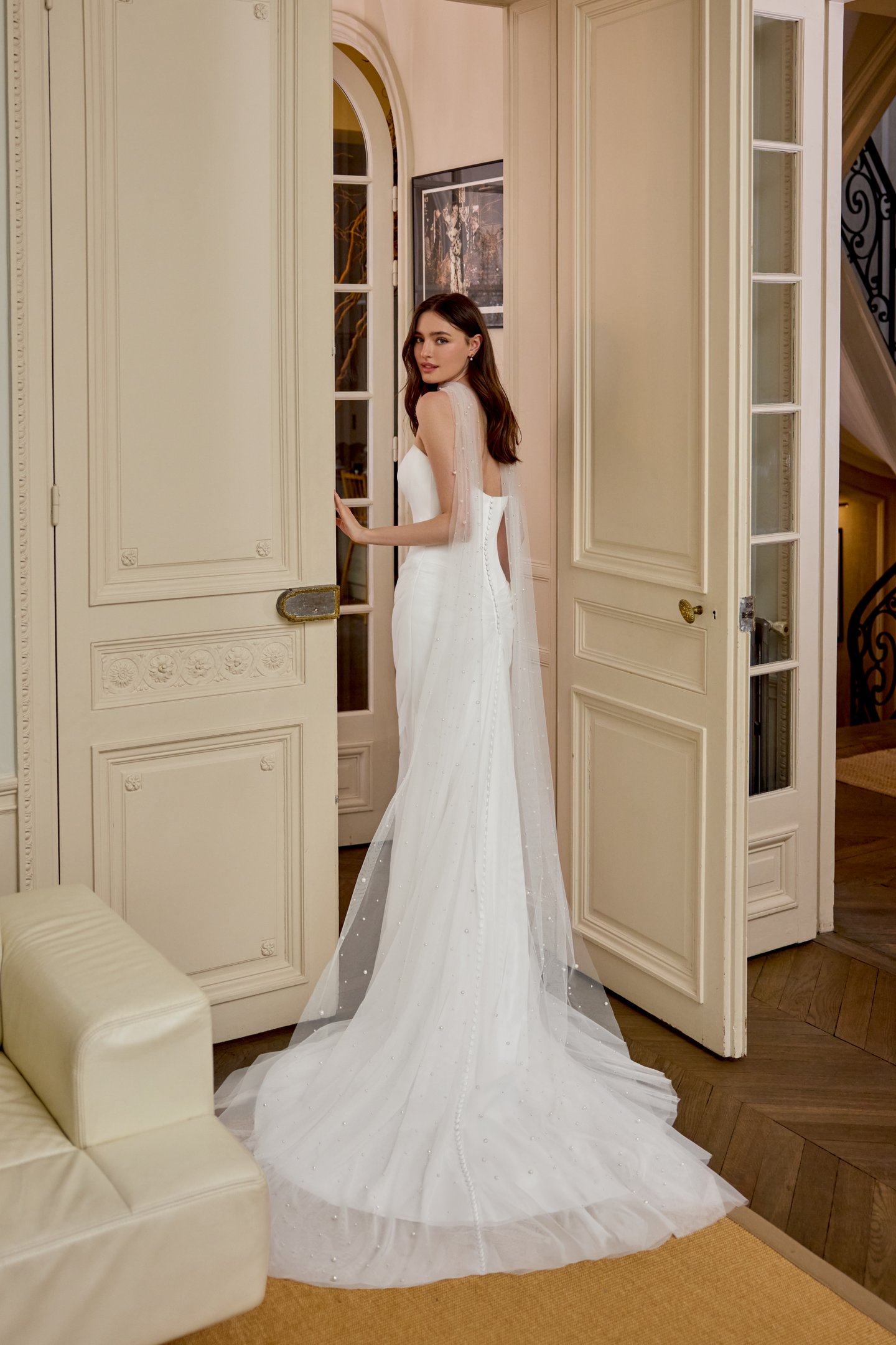 Adore by Justin Alexander Style 11425 Sylvie Clean Fit & Flare with Cat Eye Neckline and Draped Stretch Tulle Skirt