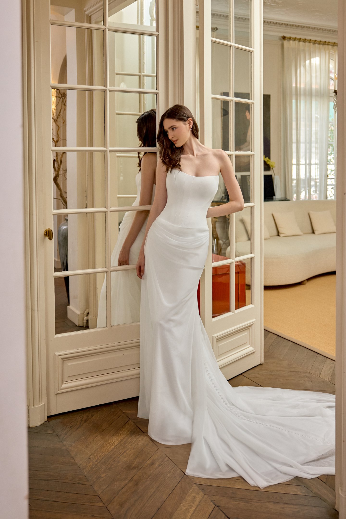 Adore by Justin Alexander Style 11425 Sylvie Clean Fit & Flare with Cat Eye Neckline and Draped Stretch Tulle Skirt