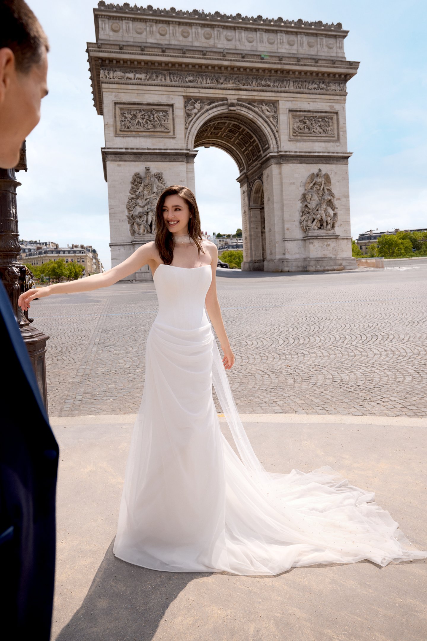Adore by Justin Alexander Style 11425 Sylvie Clean Fit & Flare with Cat Eye Neckline and Draped Stretch Tulle Skirt