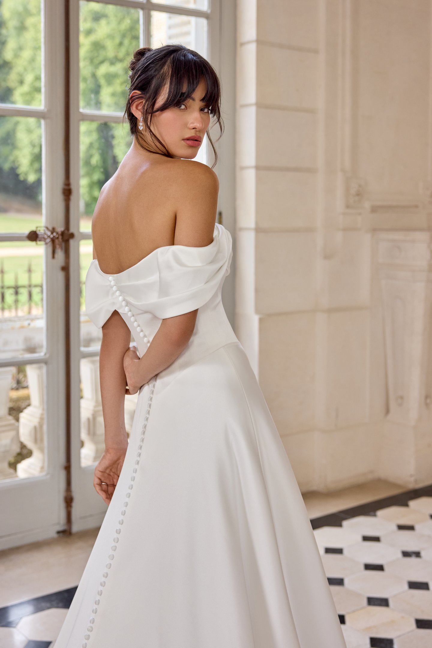 Adore by Justin Alexander Style 11428 Cezanne Clean Satin A-Line with Cowl Neckline and Off-the-Shoulder Straps