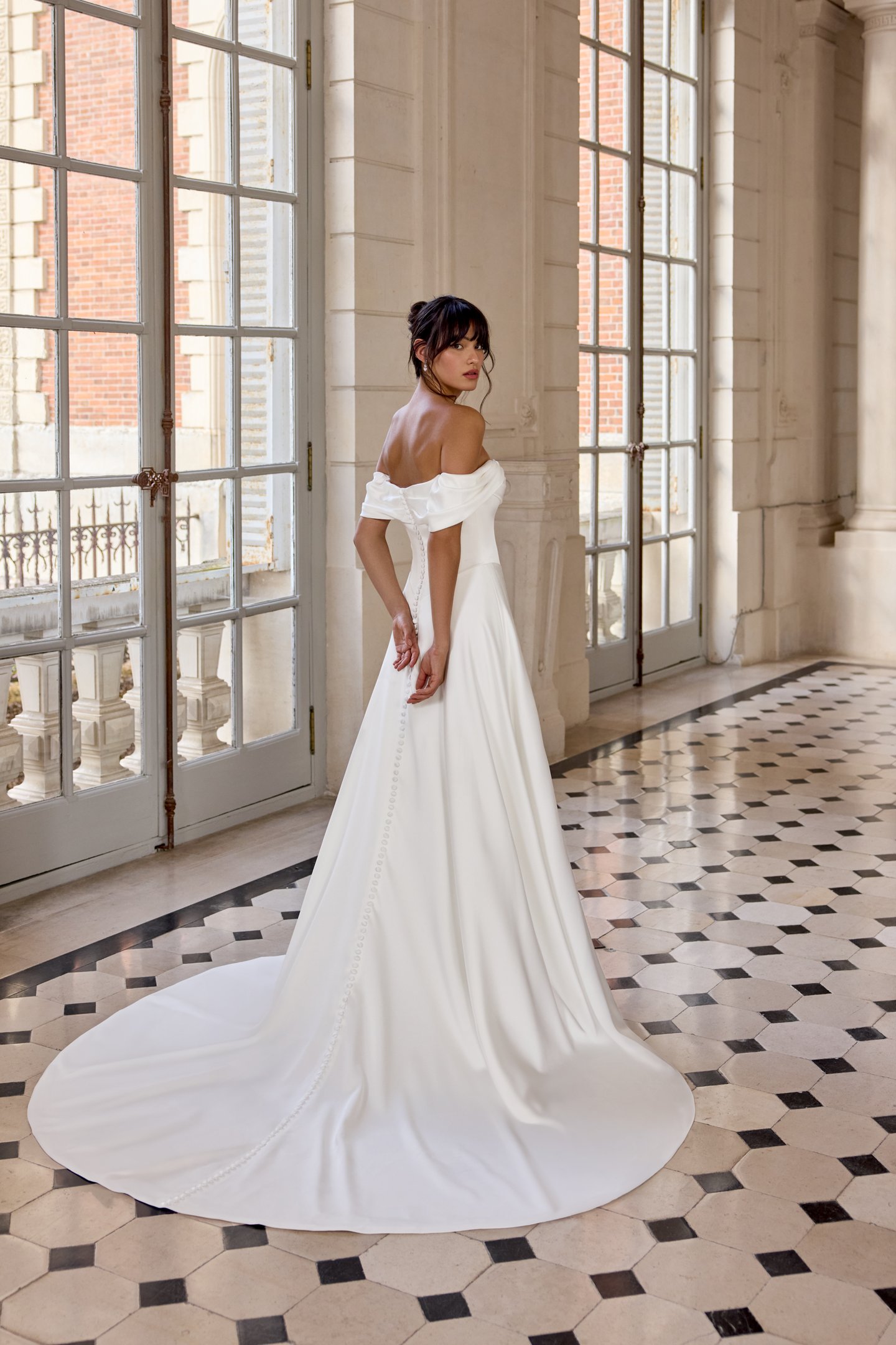 Adore by Justin Alexander Style 11428 Cezanne Clean Satin A-Line with Cowl Neckline and Off-the-Shoulder Straps