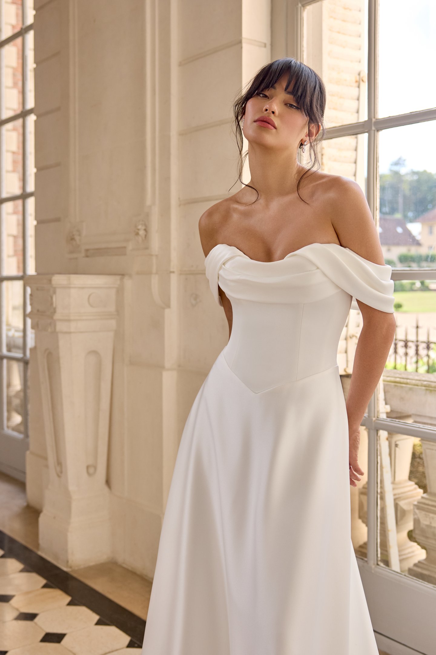 Adore by Justin Alexander Style 11428 Cezanne Clean Satin A-Line with Cowl Neckline and Off-the-Shoulder Straps