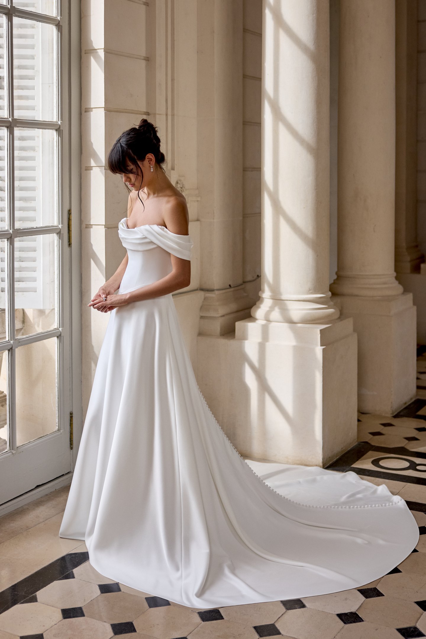 Adore by Justin Alexander Style 11428 Cezanne Clean Satin A-Line with Cowl Neckline and Off-the-Shoulder Straps